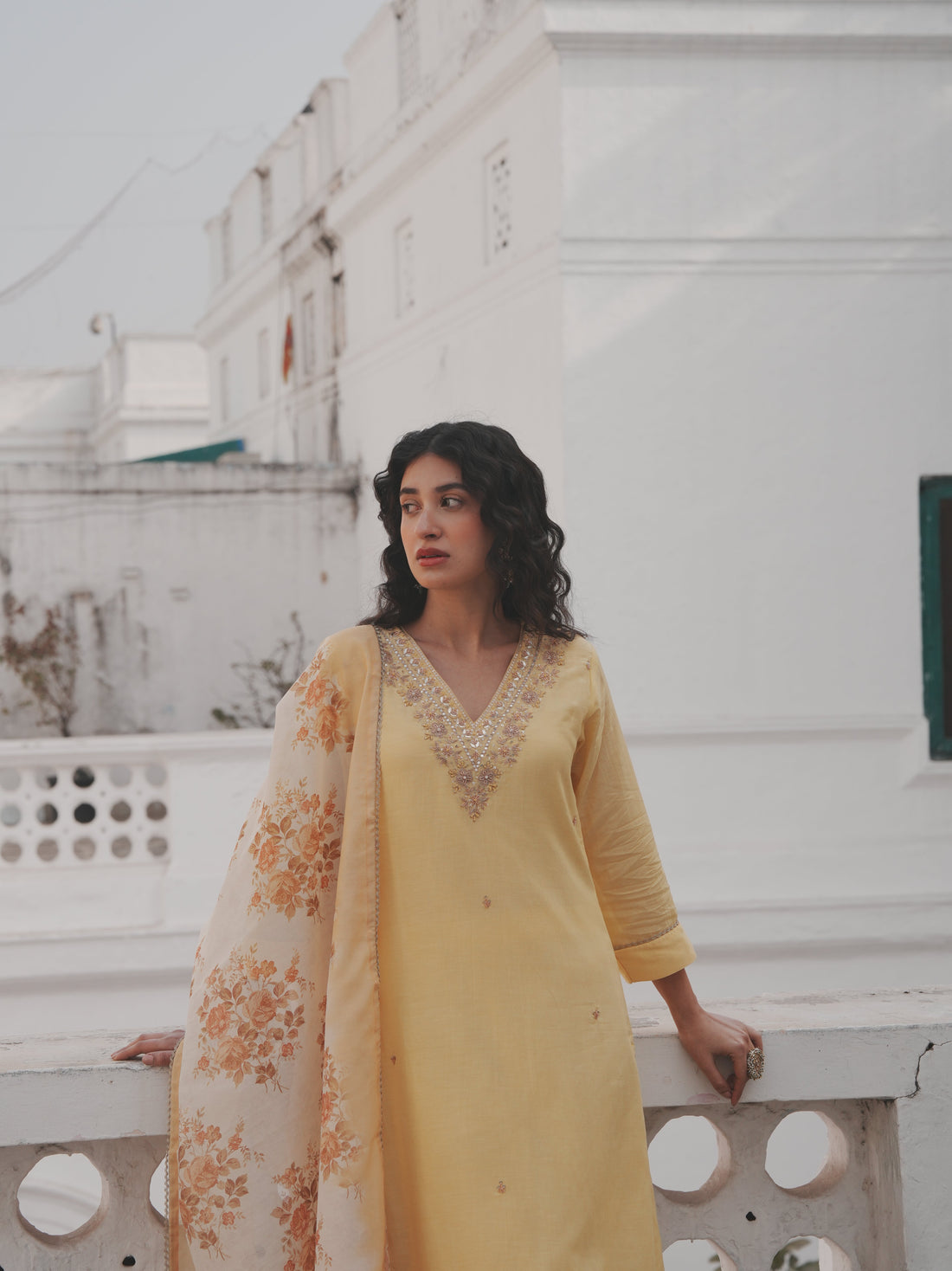 LEMON YELLOW MUL CHANDERI KURTA SET