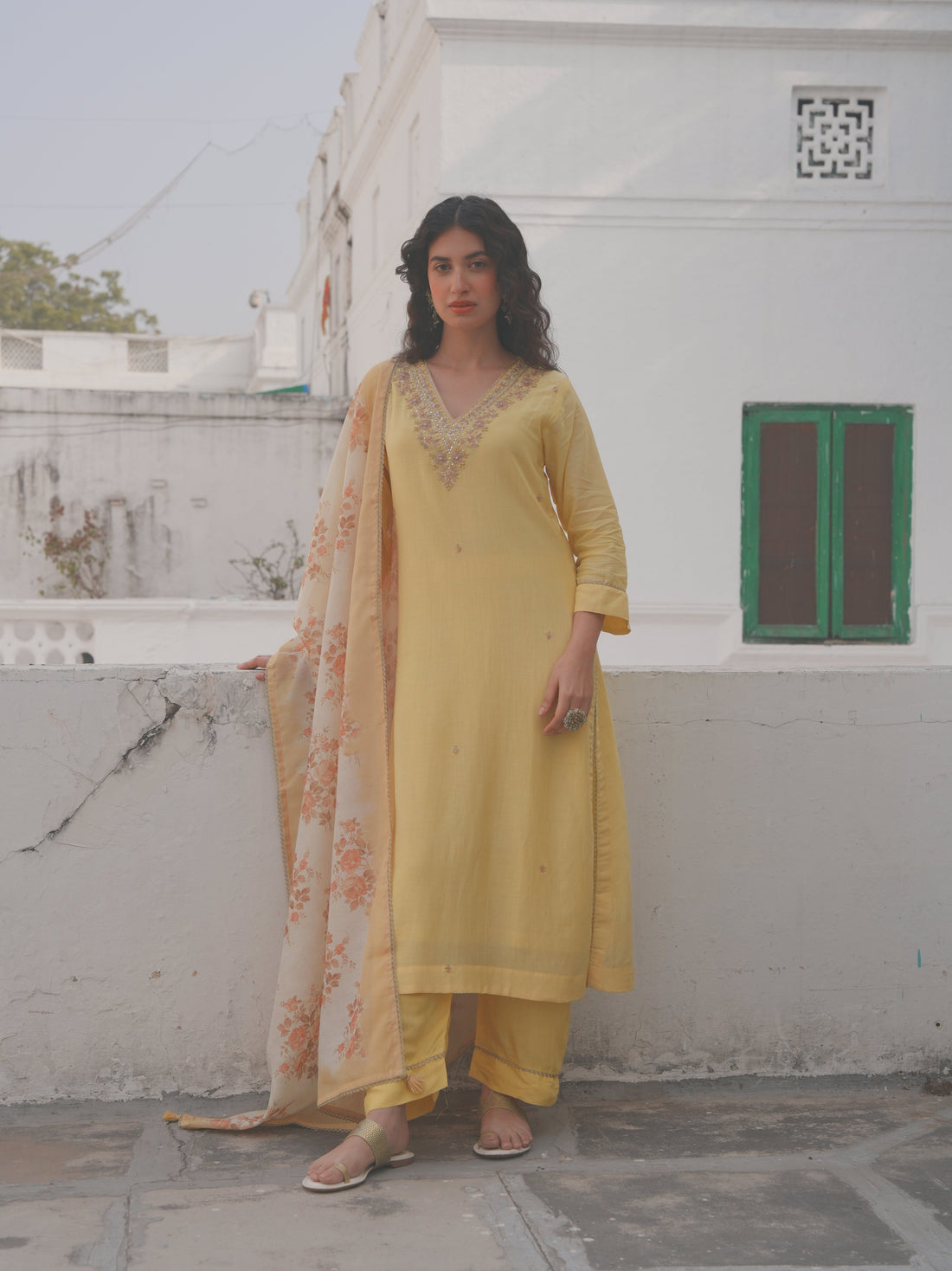 LEMON YELLOW MUL CHANDERI KURTA SET