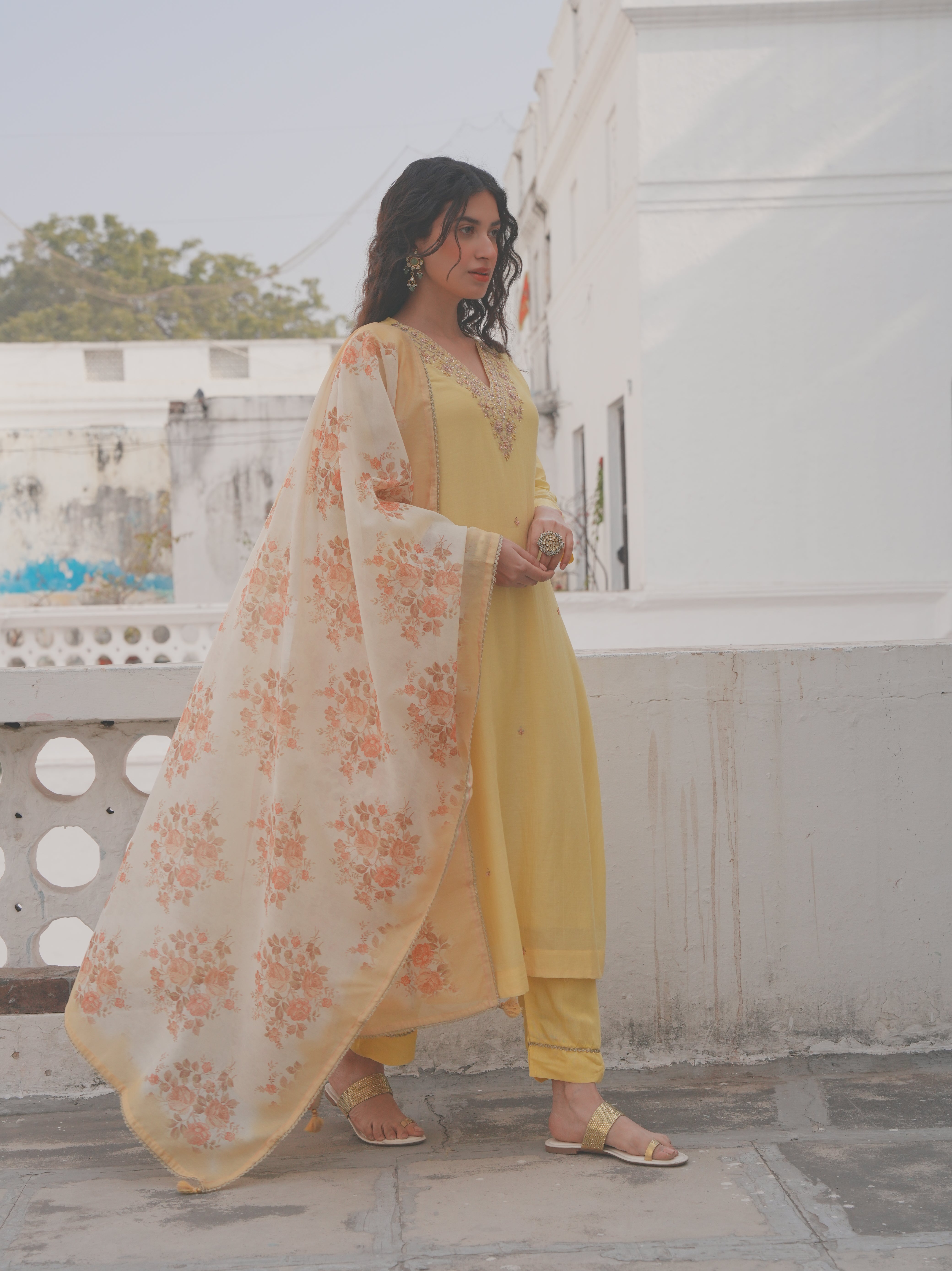 LEMON YELLOW MUL CHANDERI KURTA SET
