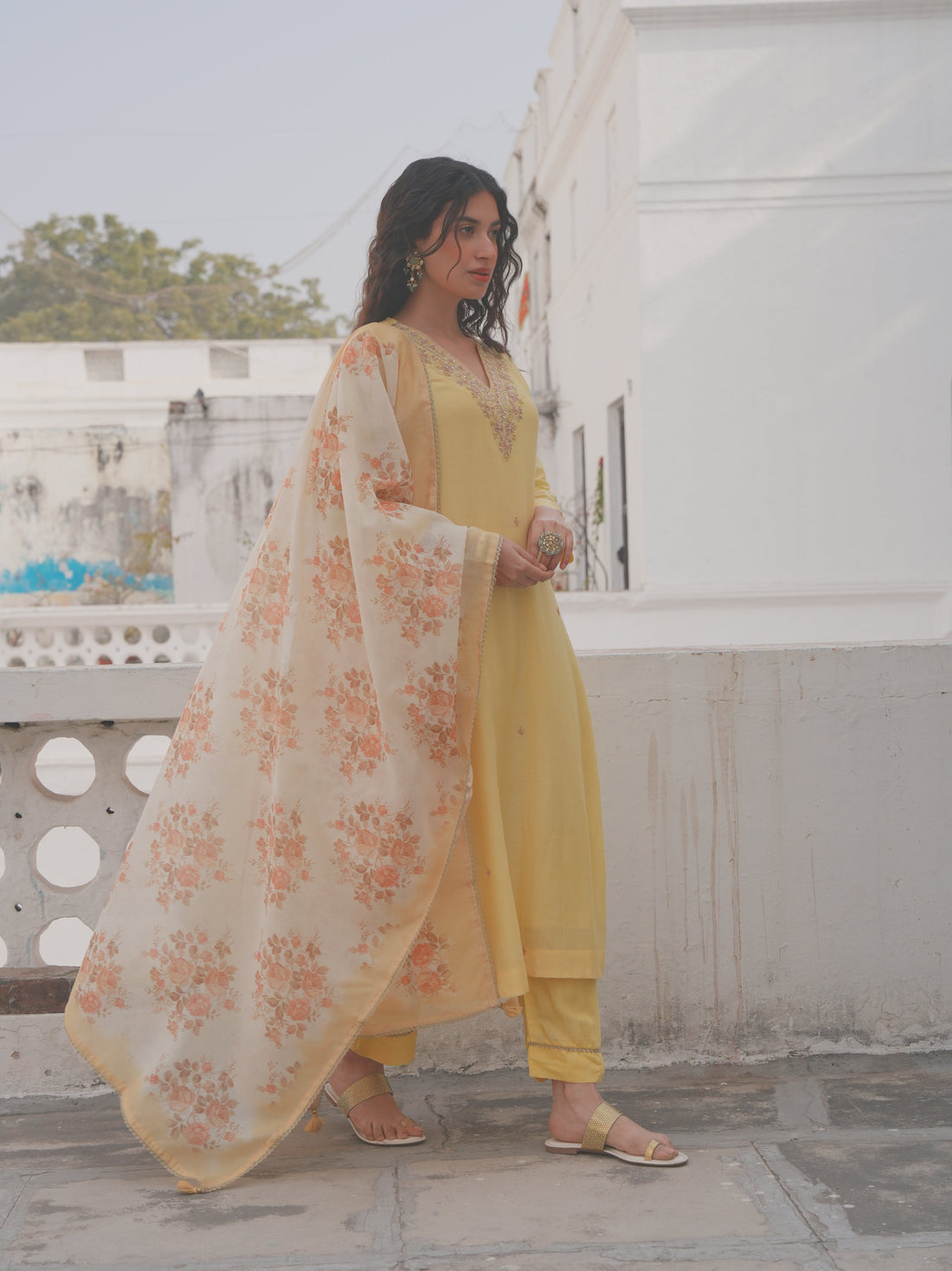 LEMON YELLOW MUL CHANDERI KURTA SET