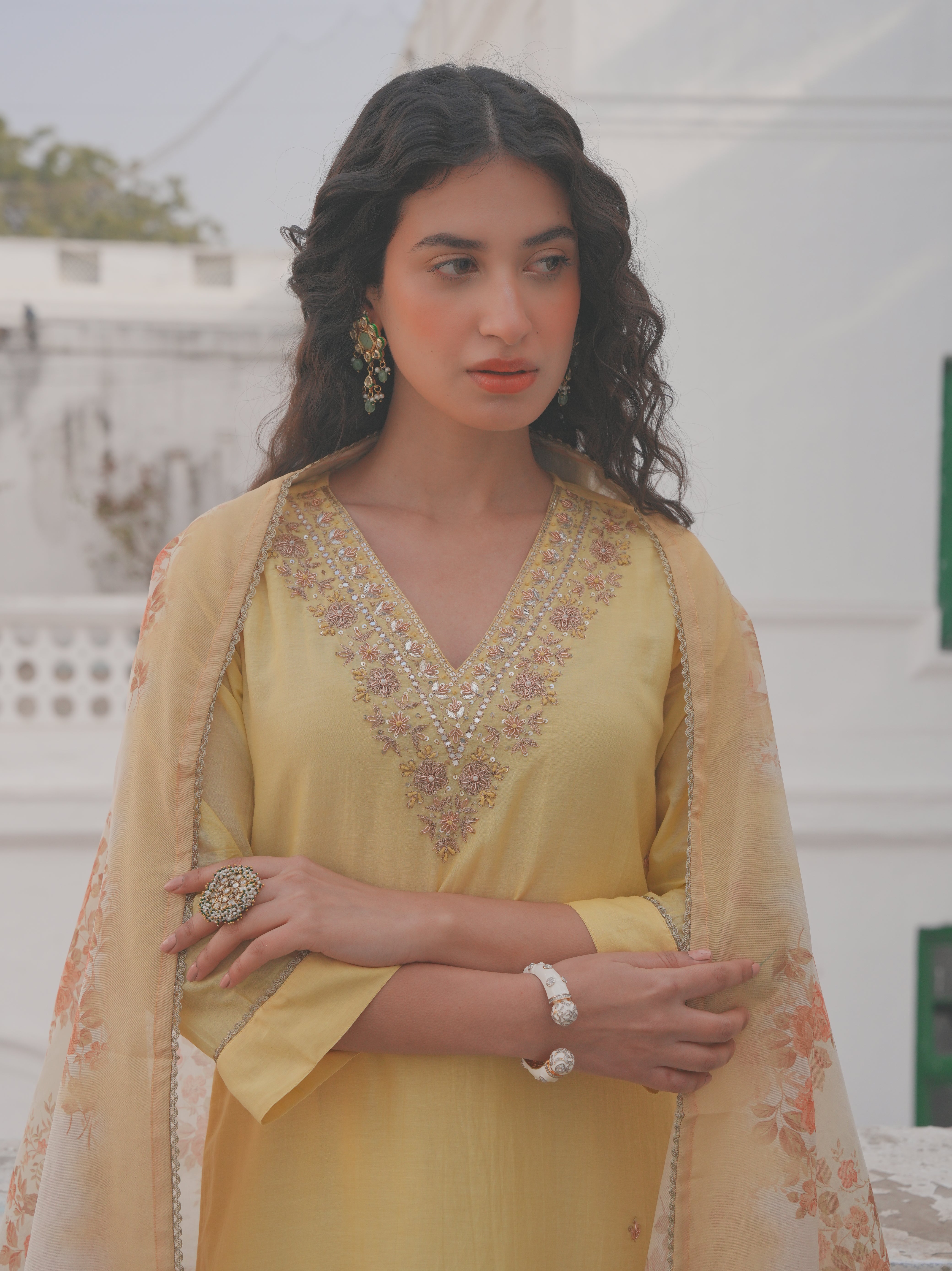 LEMON YELLOW MUL CHANDERI KURTA SET