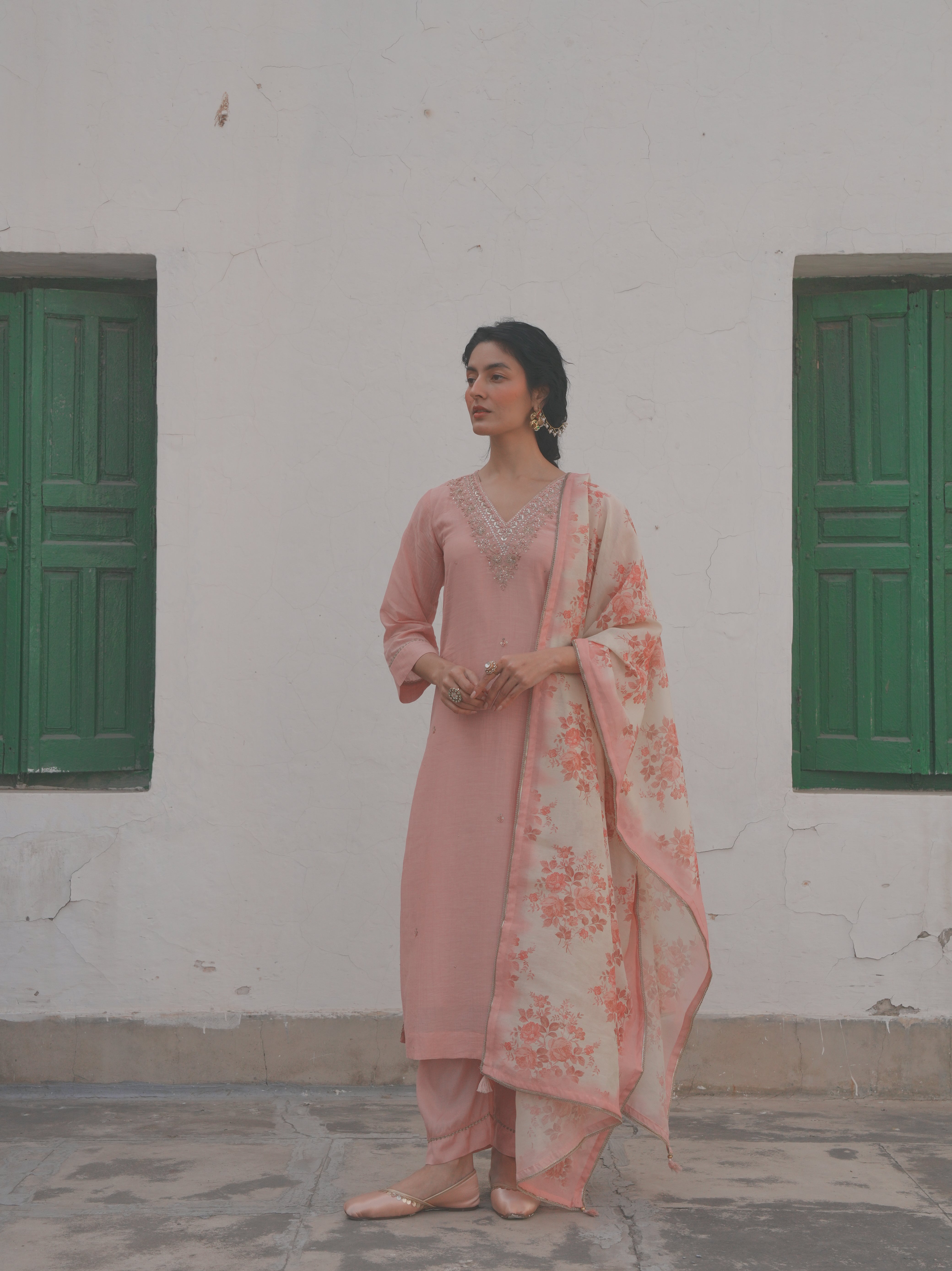 BABY PINK MUL CHANDERI KURTA SET