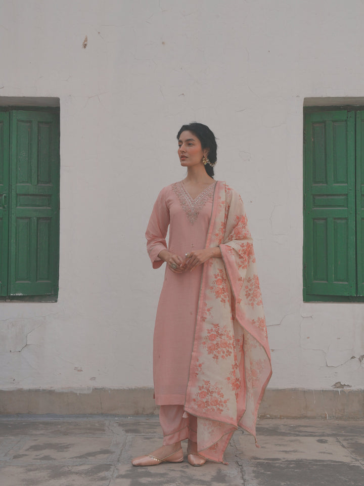 BABY PINK MUL CHANDERI KURTA SET