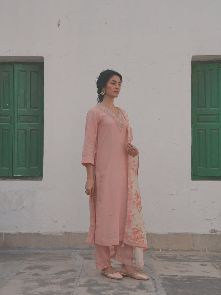 BABY PINK MUL CHANDERI KURTA SET