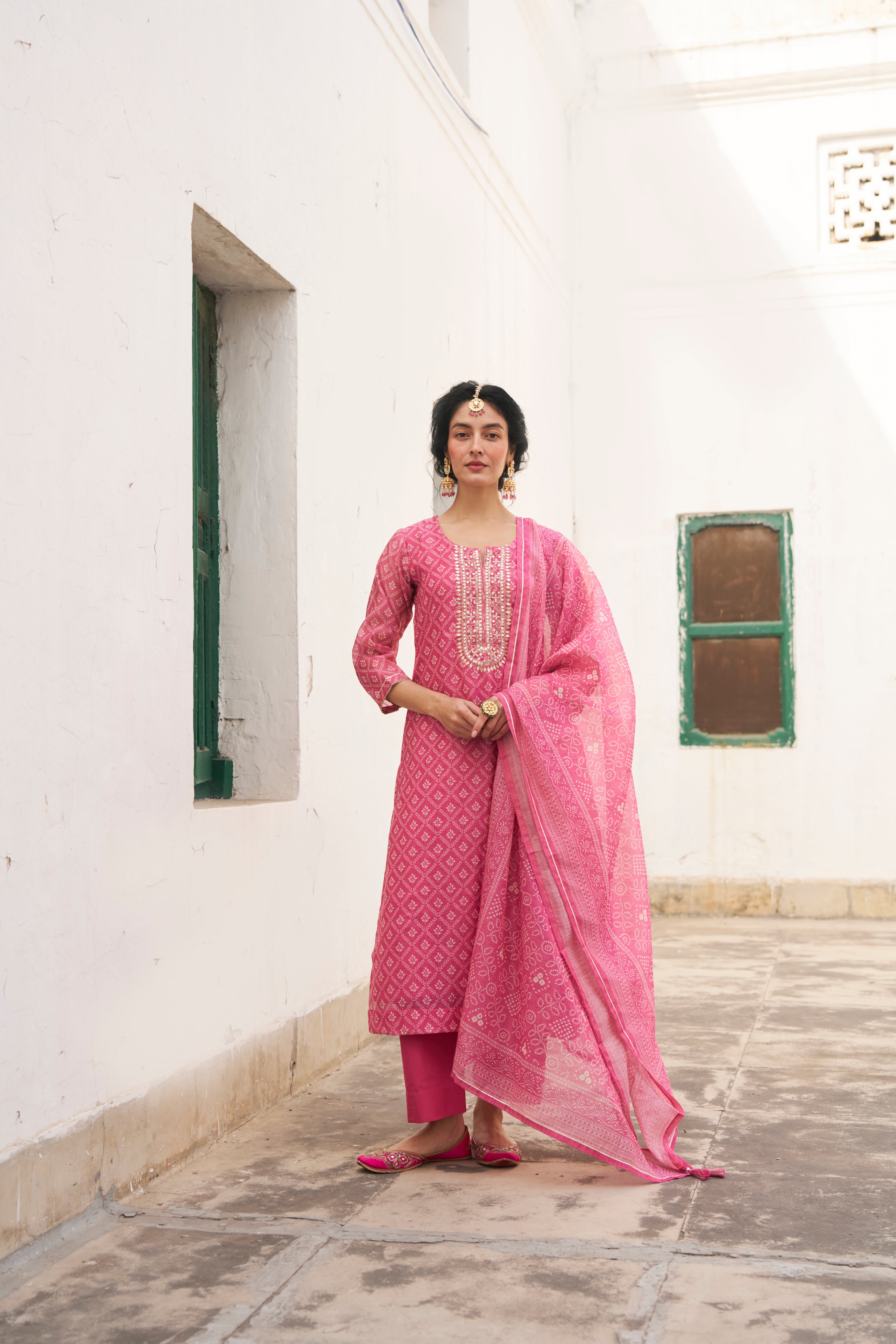 PINK PRINTED CHANDERI KURTA SET