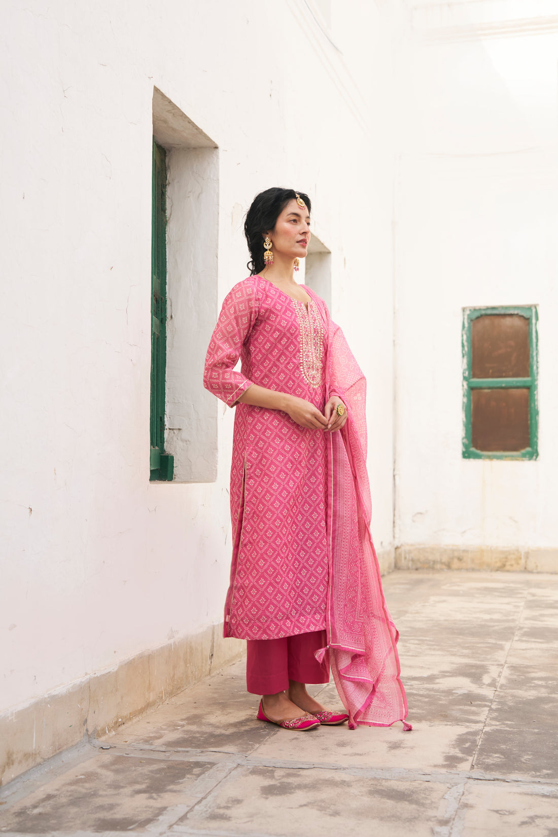 PINK PRINTED CHANDERI KURTA SET