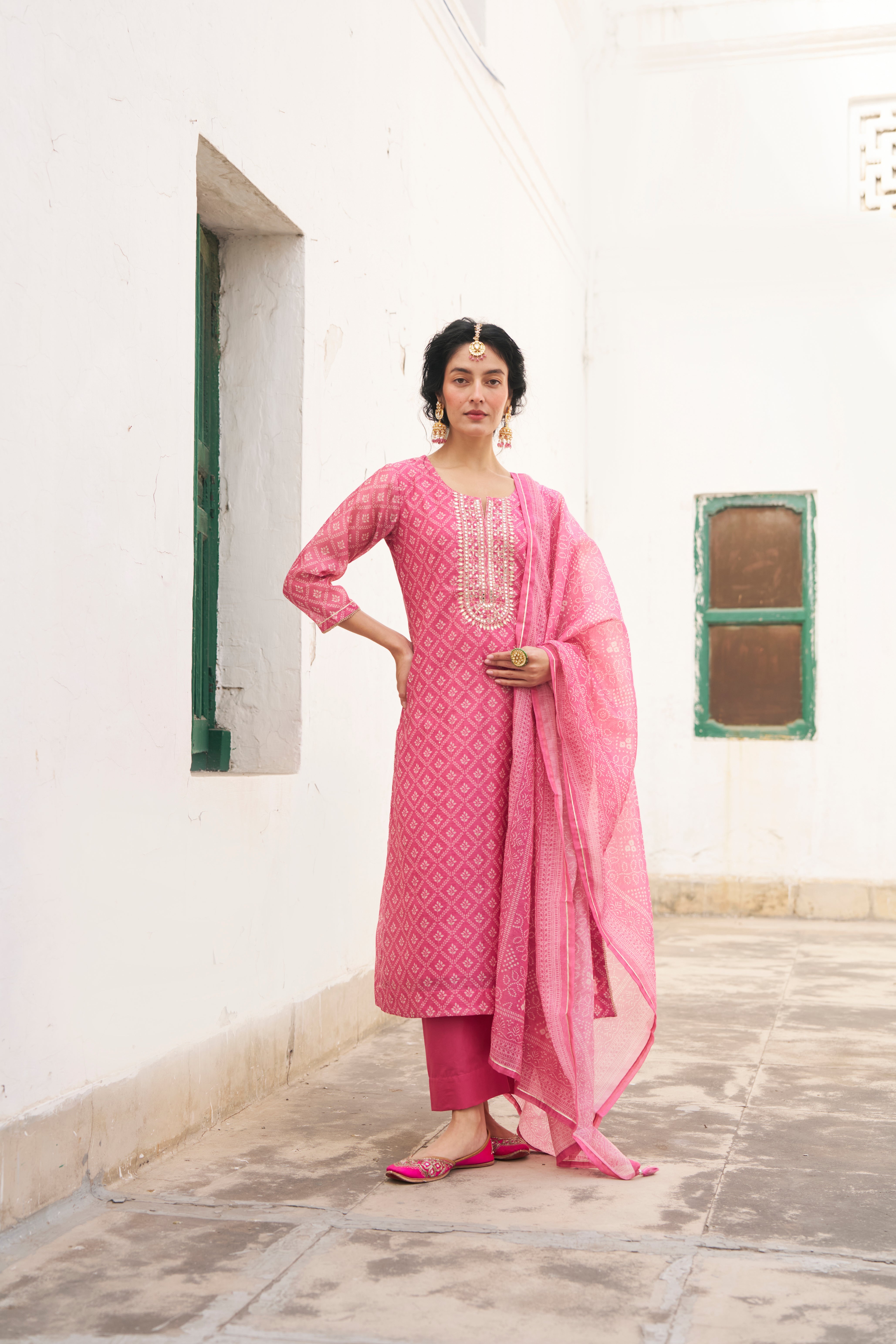 PINK PRINTED CHANDERI KURTA SET
