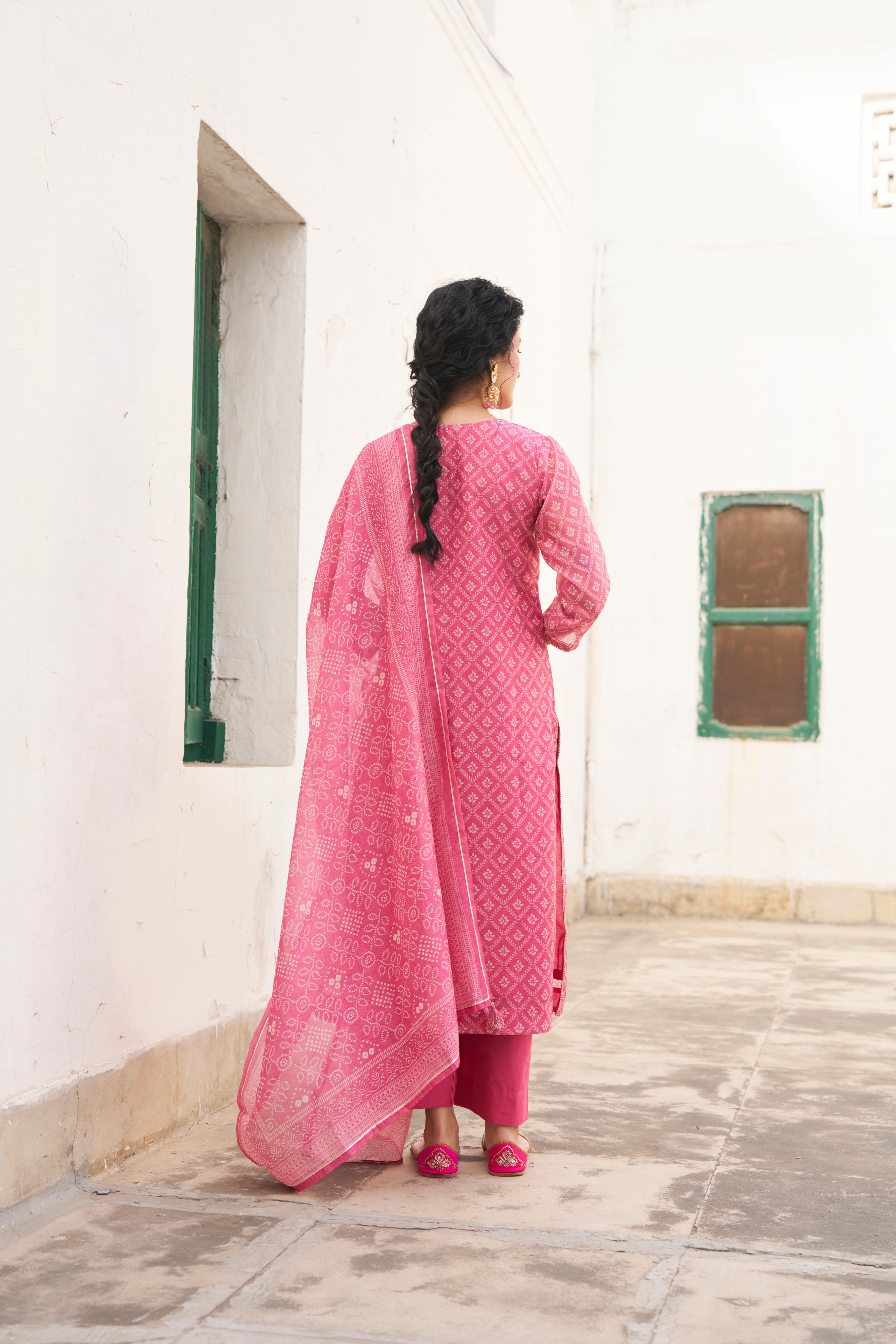 PINK PRINTED CHANDERI KURTA SET