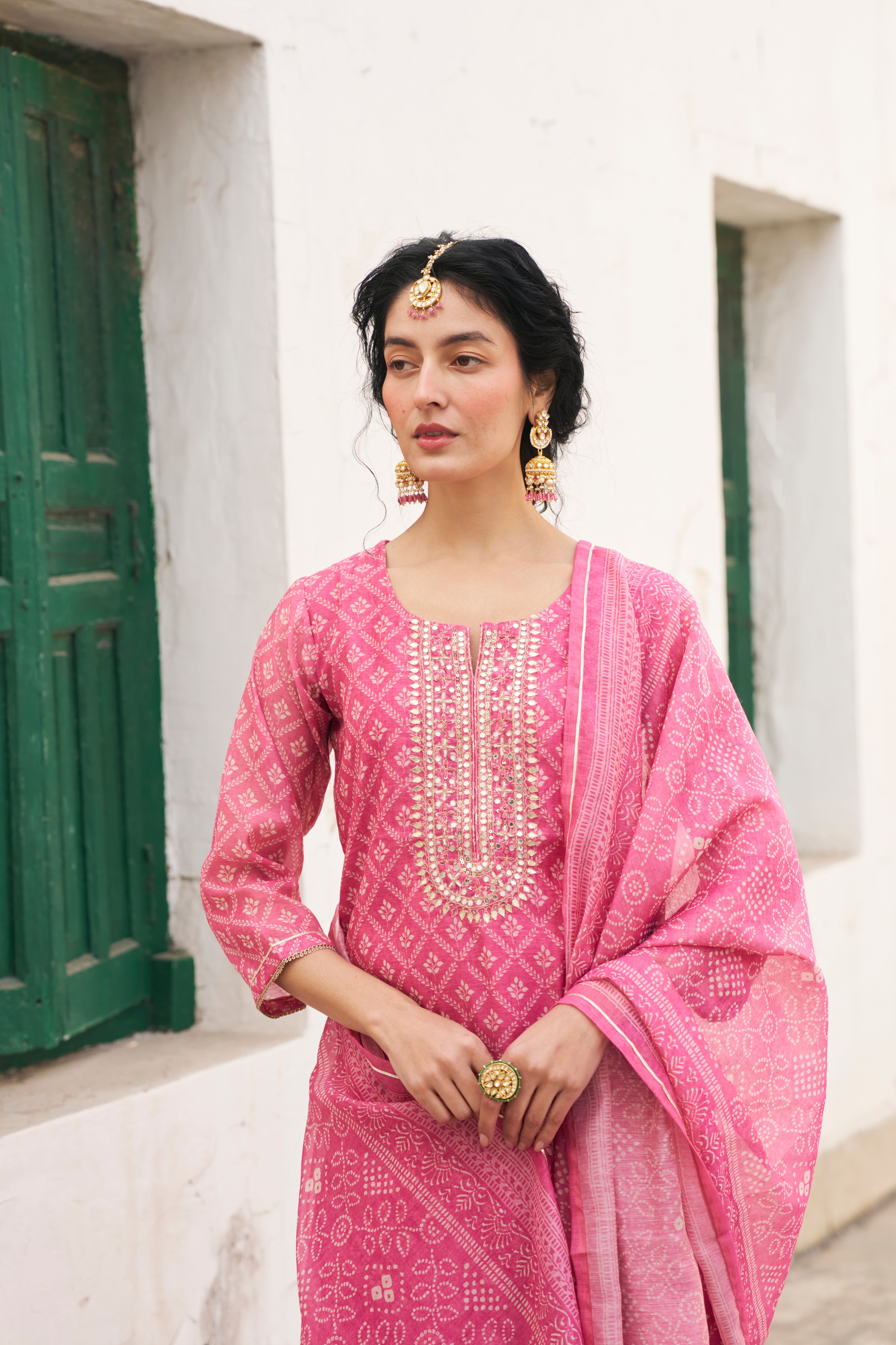PINK PRINTED CHANDERI KURTA SET