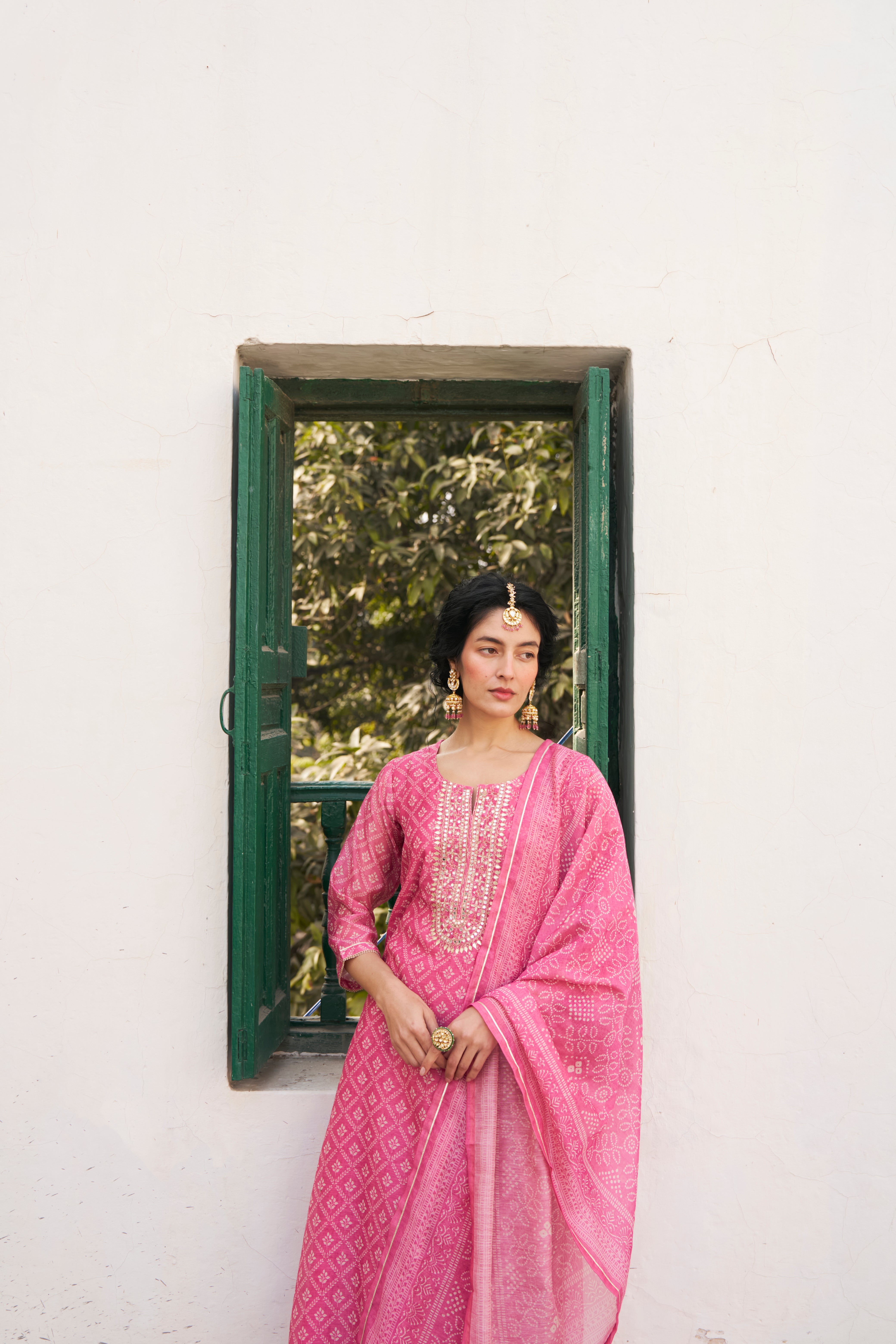 PINK PRINTED CHANDERI KURTA SET