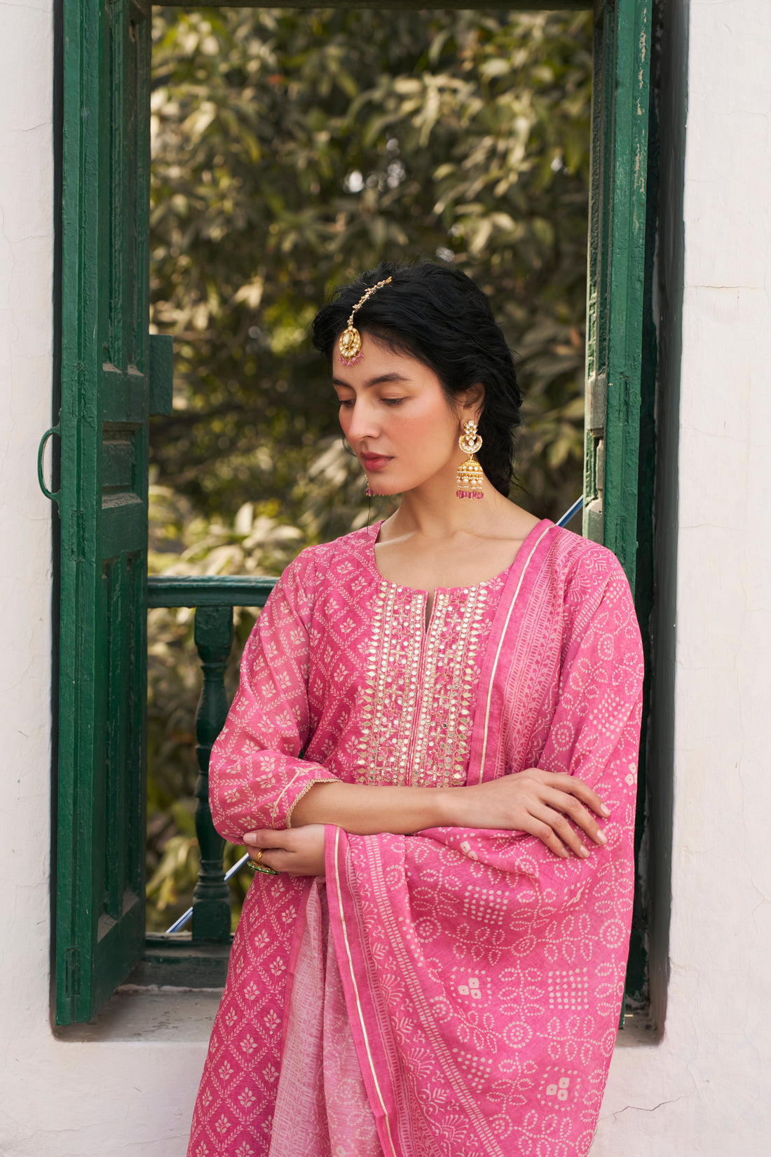 PINK PRINTED CHANDERI KURTA SET