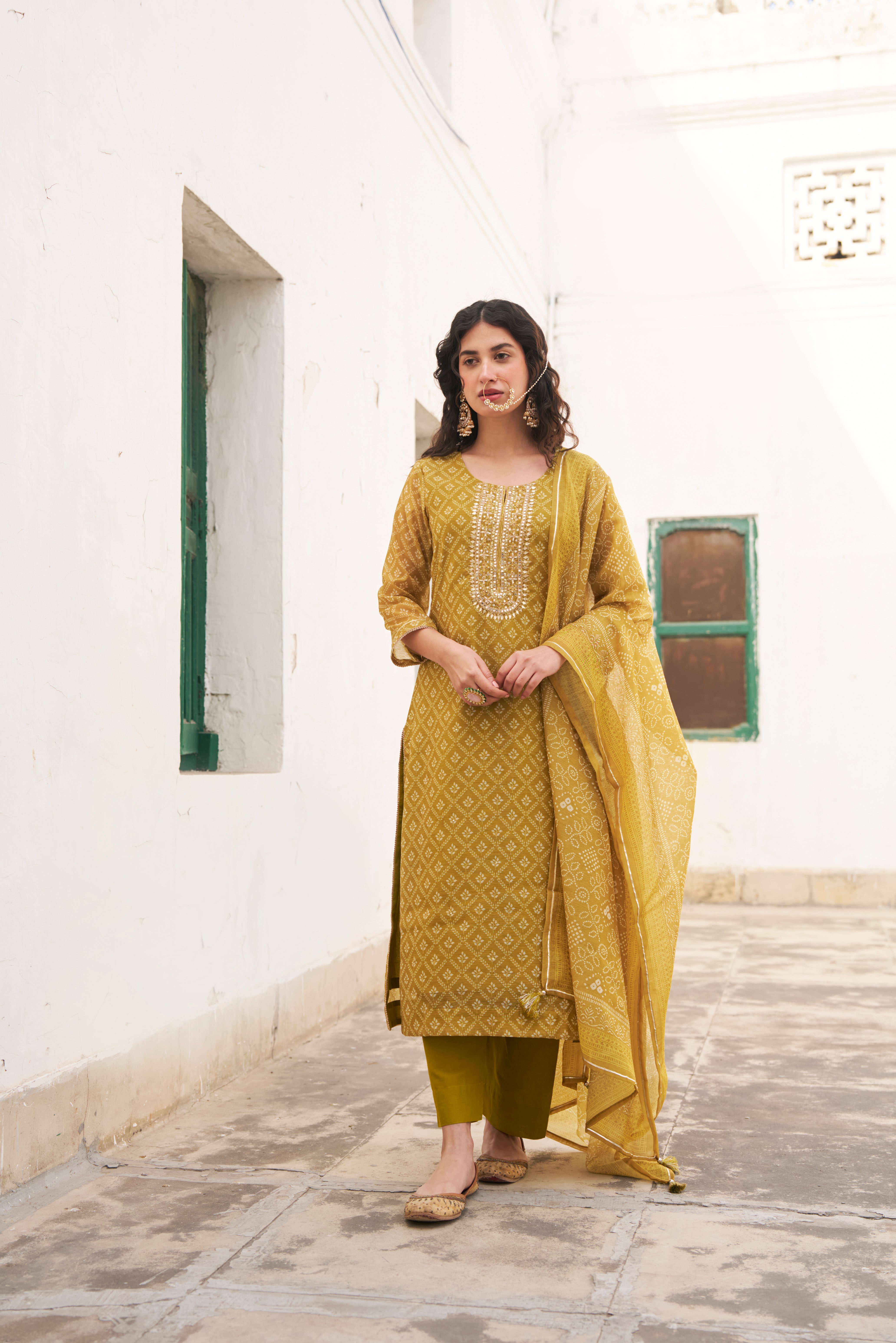 MUSTARD PRINTED CHANDERI KURTA SET