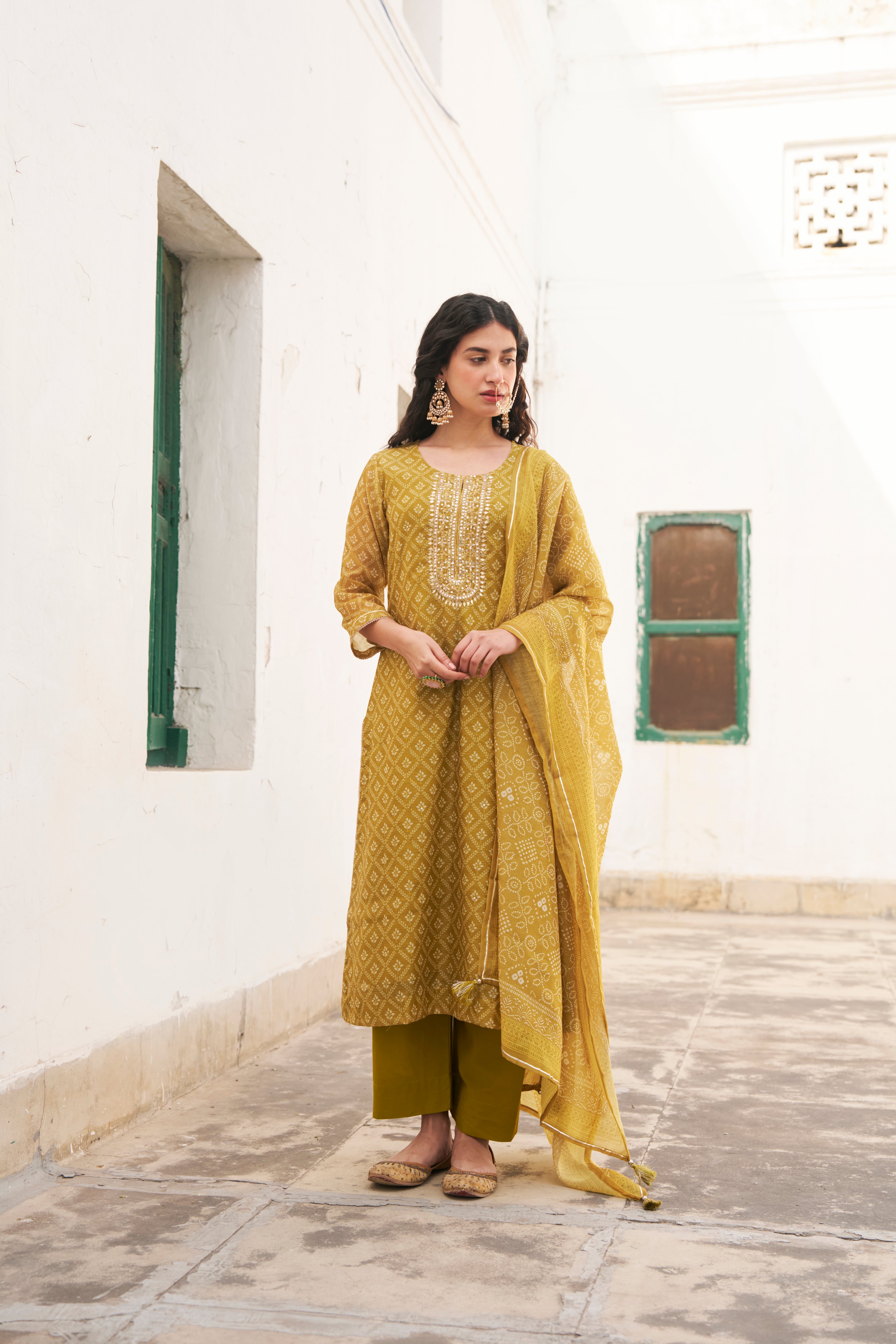 MUSTARD PRINTED CHANDERI KURTA SET