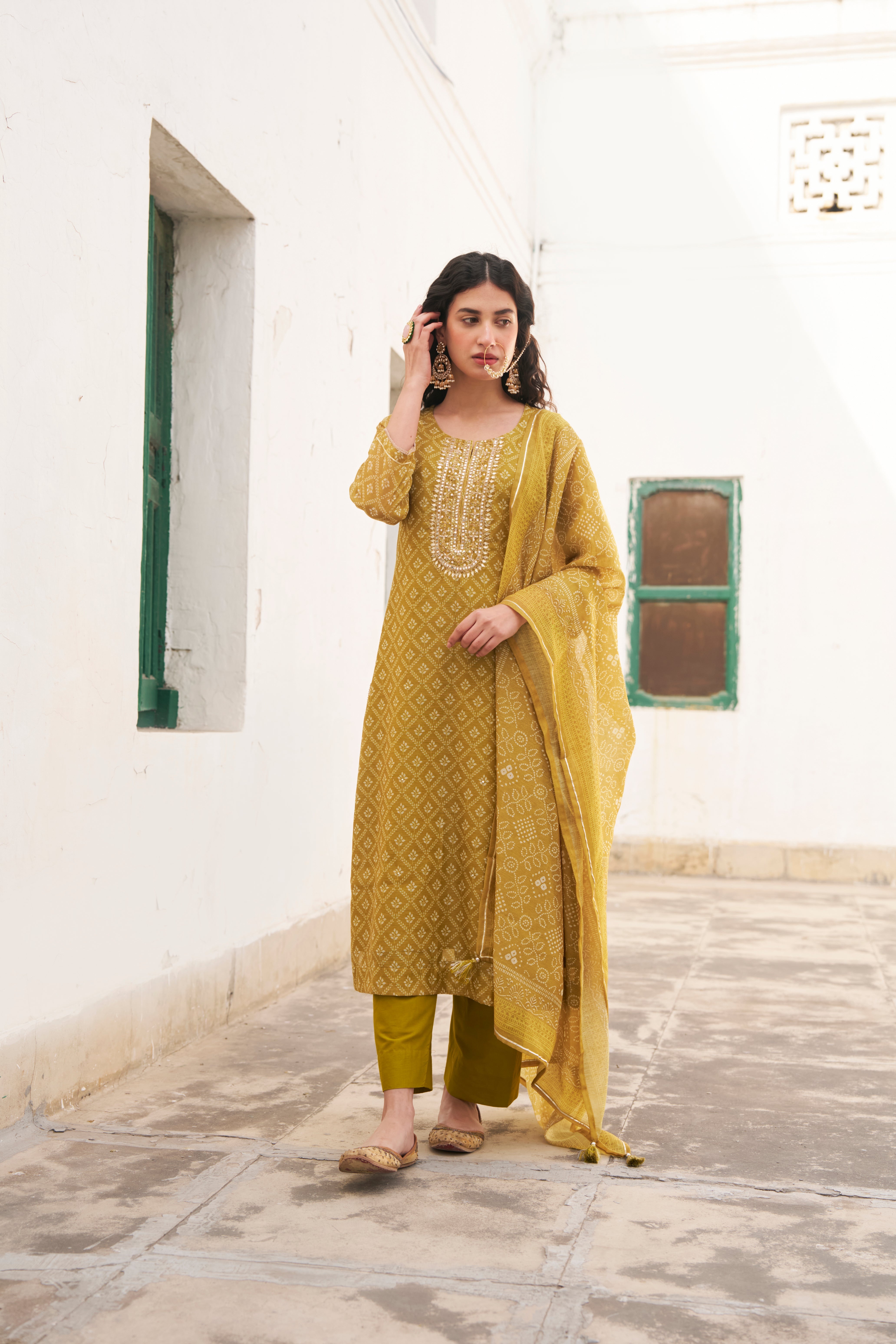 MUSTARD PRINTED CHANDERI KURTA SET