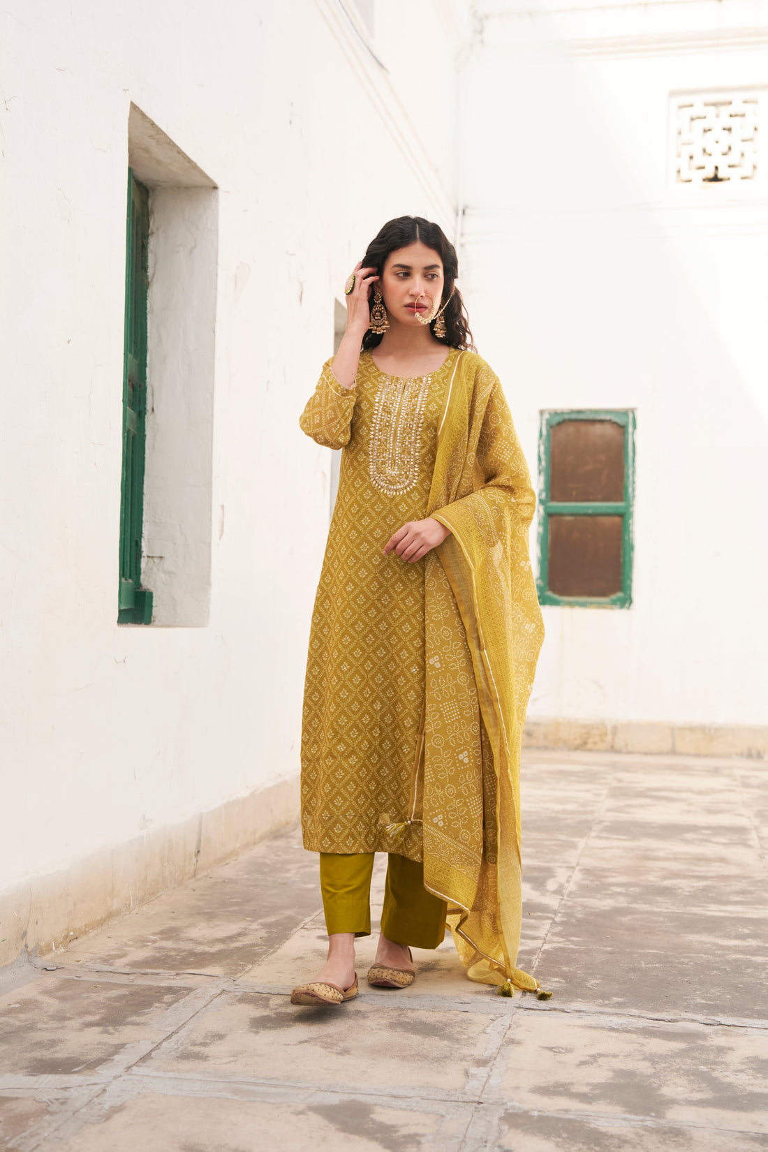 MUSTARD PRINTED CHANDERI KURTA SET