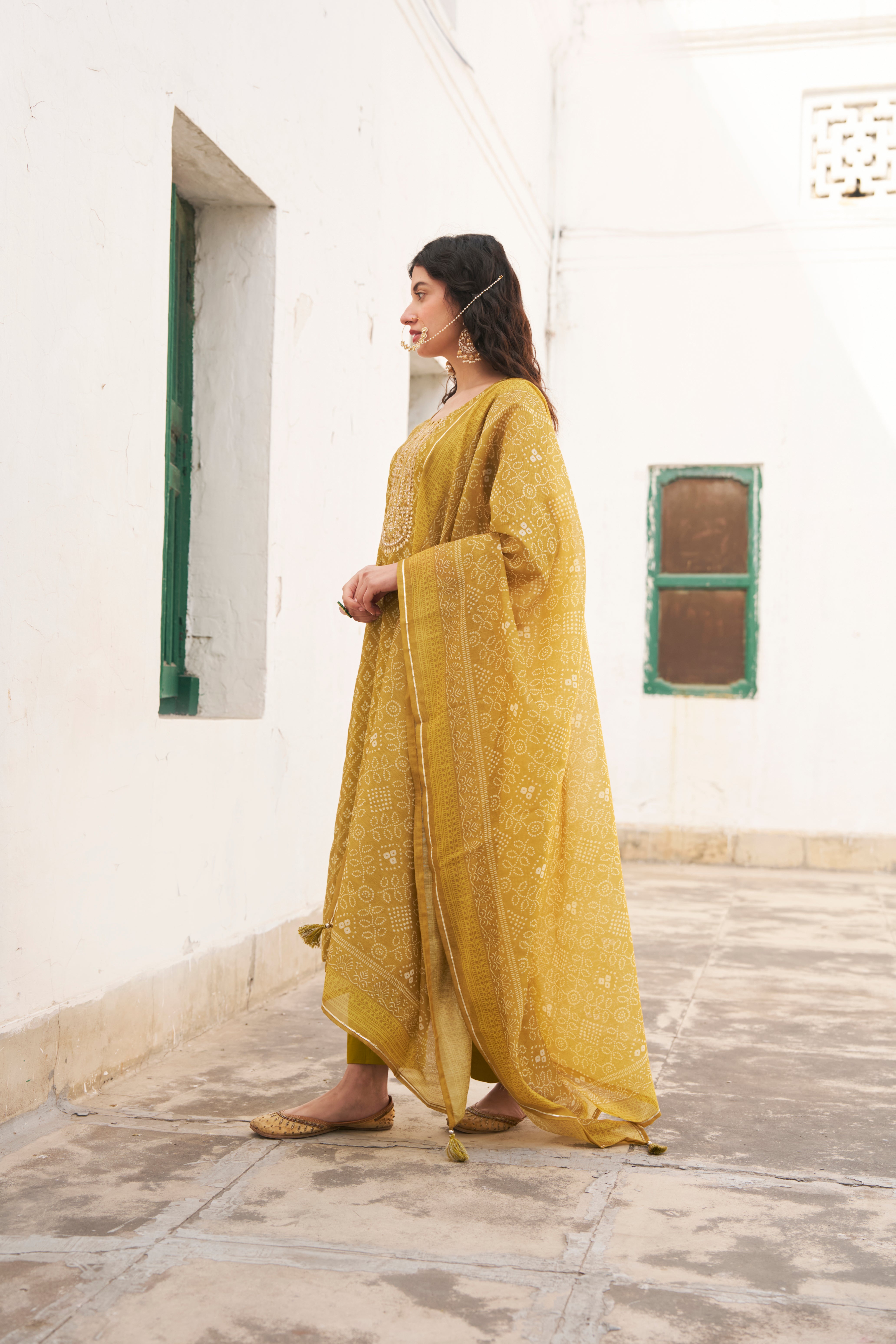 MUSTARD PRINTED CHANDERI KURTA SET