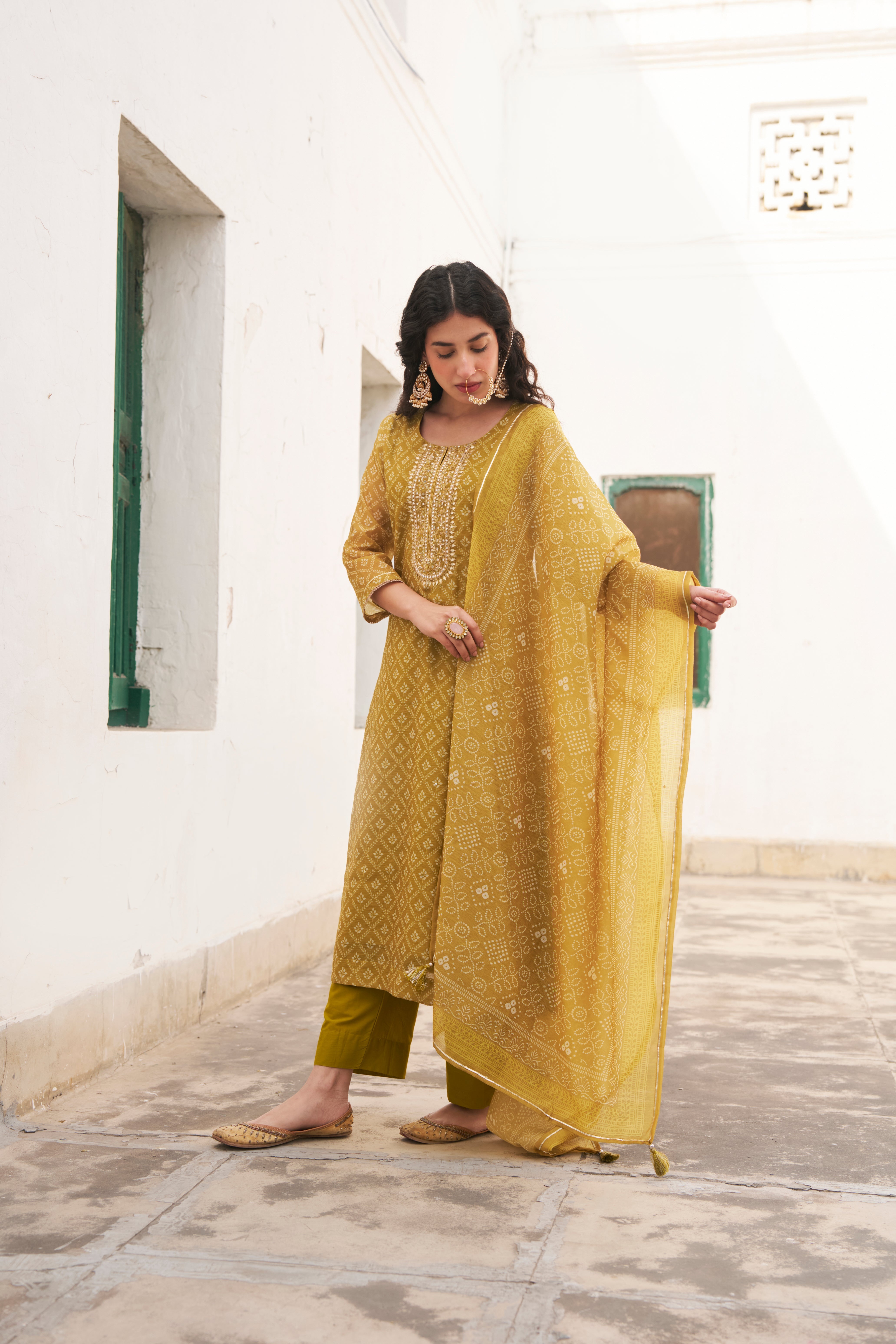 MUSTARD PRINTED CHANDERI KURTA SET