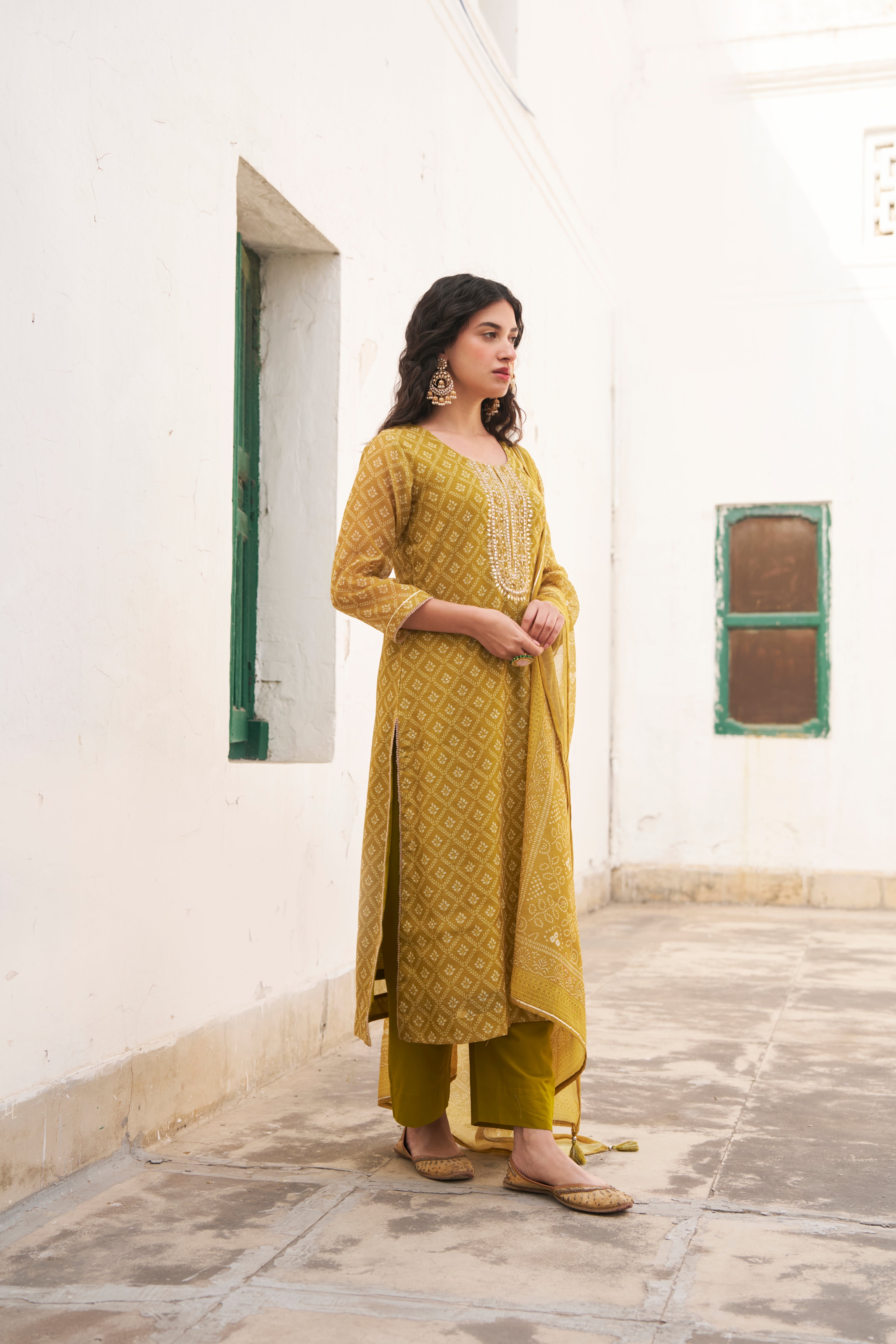 MUSTARD PRINTED CHANDERI KURTA SET