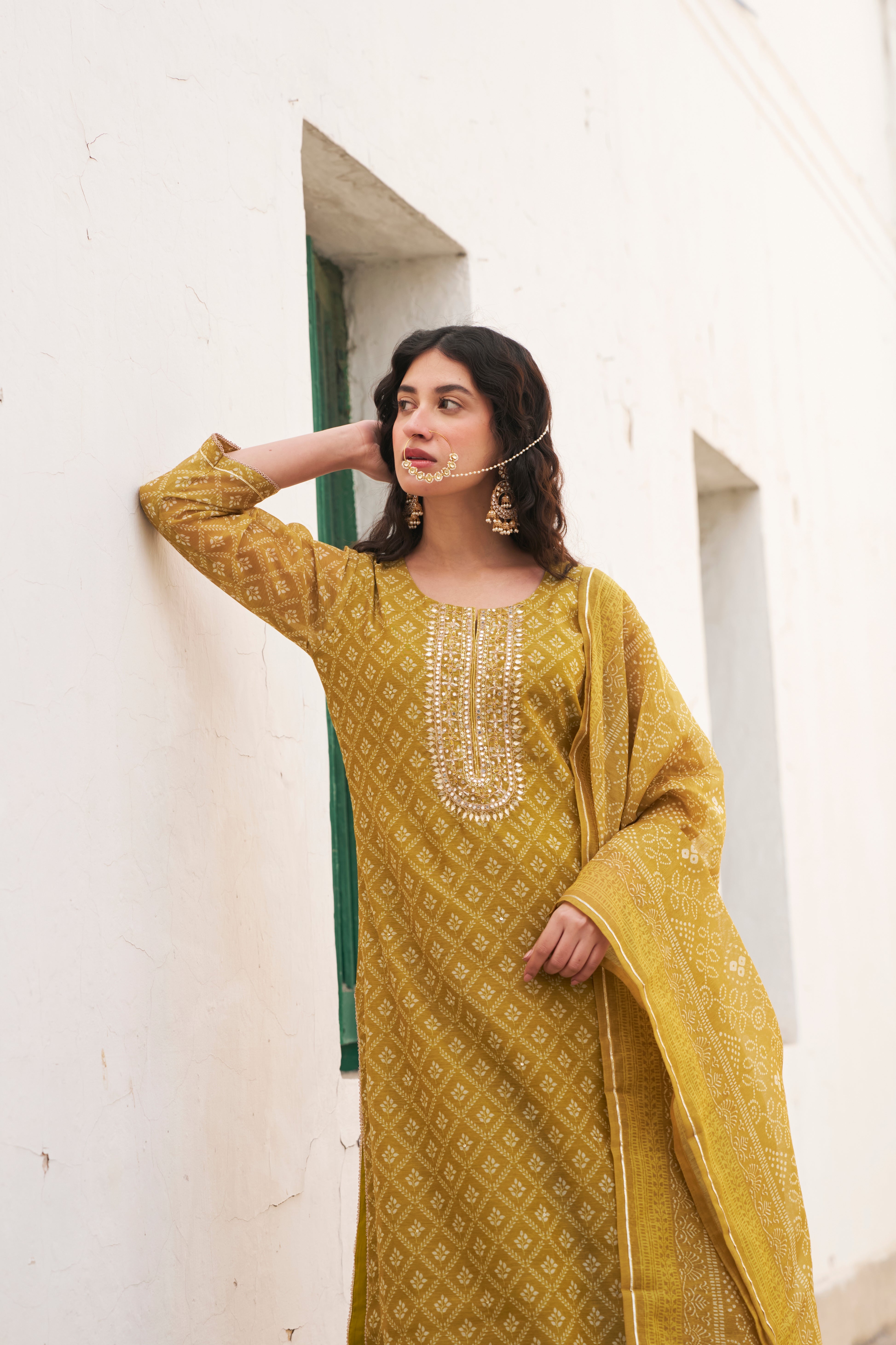 MUSTARD PRINTED CHANDERI KURTA SET