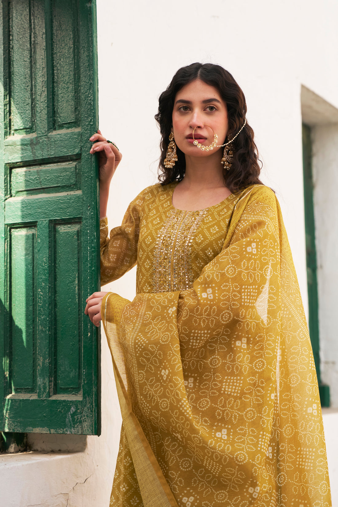 MUSTARD PRINTED CHANDERI KURTA SET