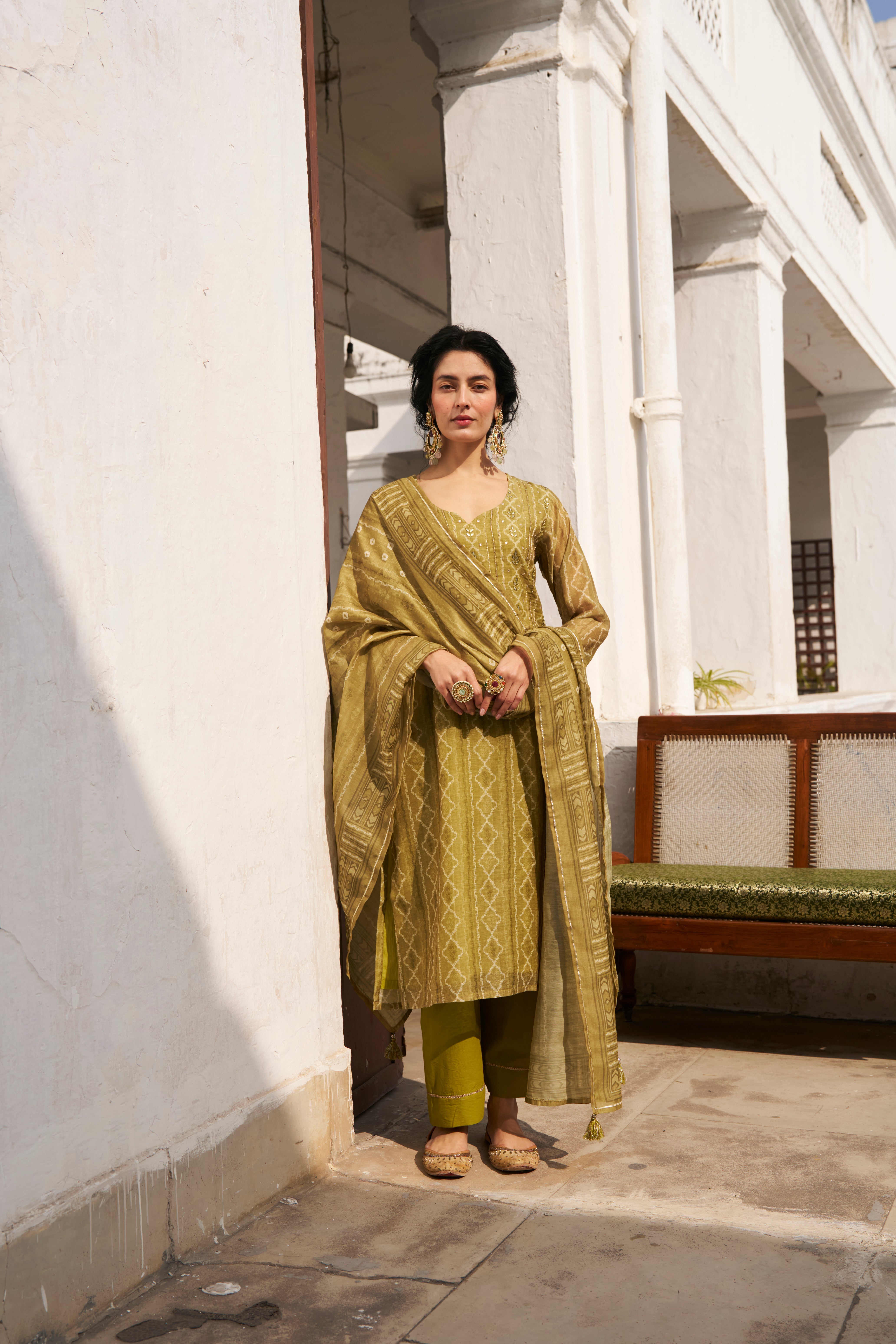 OLIVE GREEN CHANDERI KURTA SET