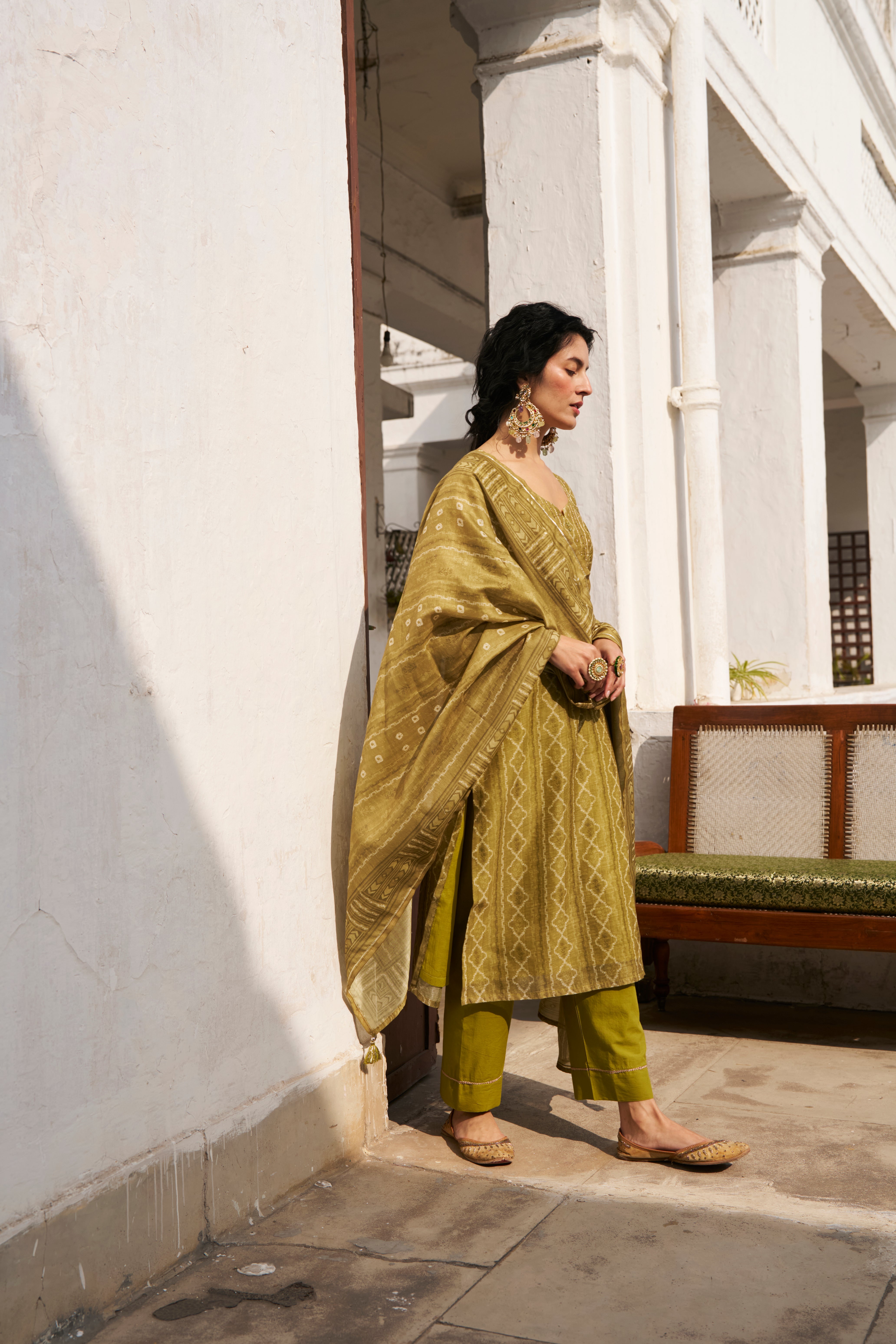 OLIVE GREEN CHANDERI KURTA SET