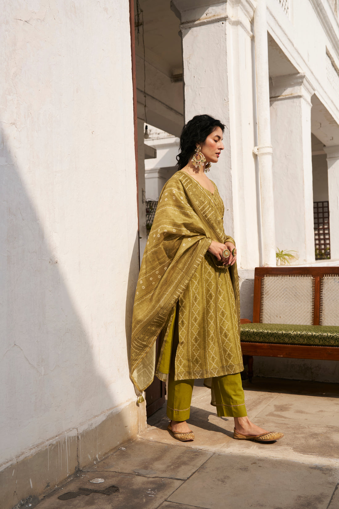 OLIVE GREEN CHANDERI KURTA SET