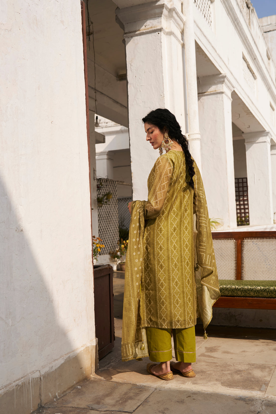 OLIVE GREEN CHANDERI KURTA SET