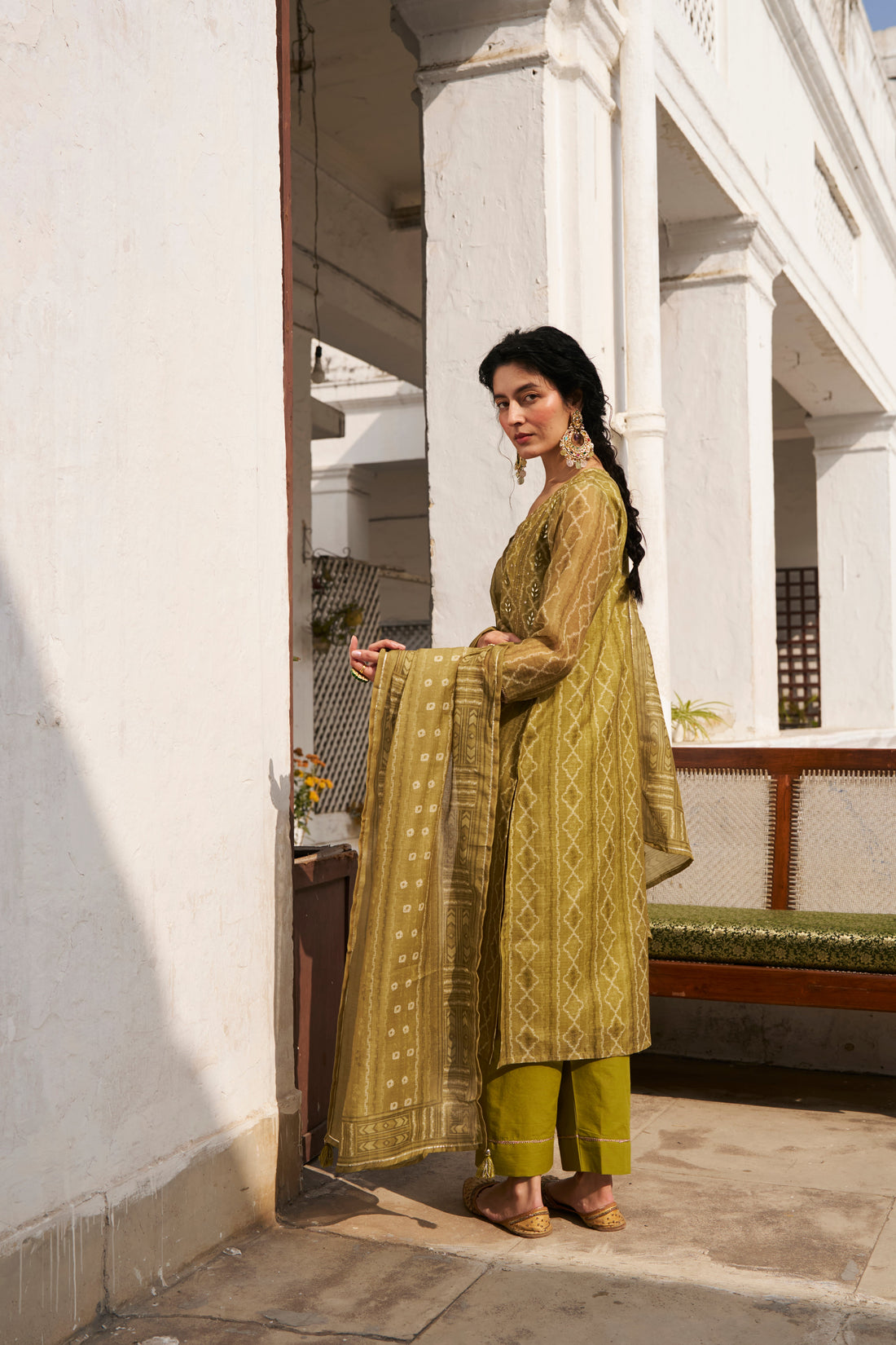 OLIVE GREEN CHANDERI KURTA SET