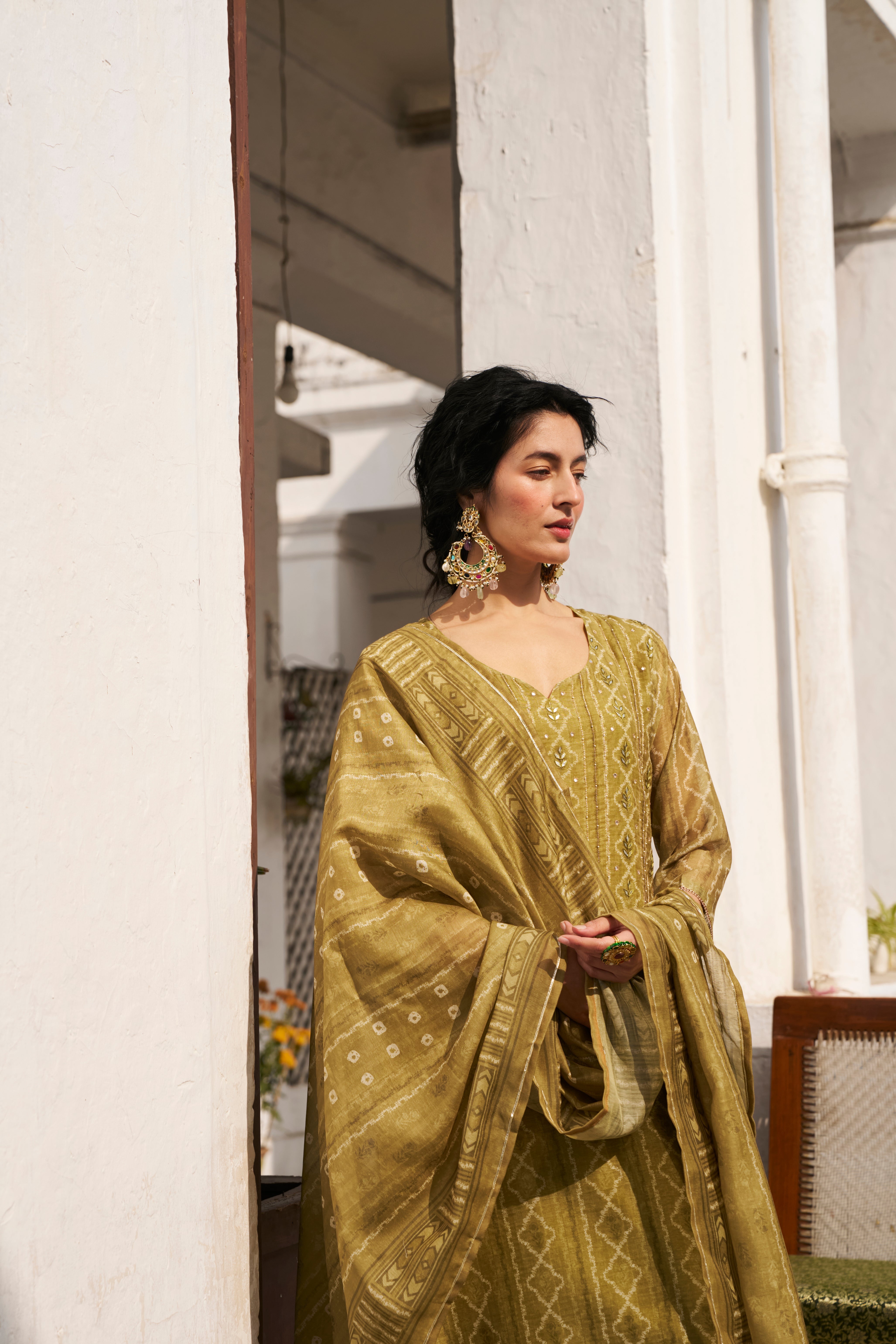 OLIVE GREEN CHANDERI KURTA SET
