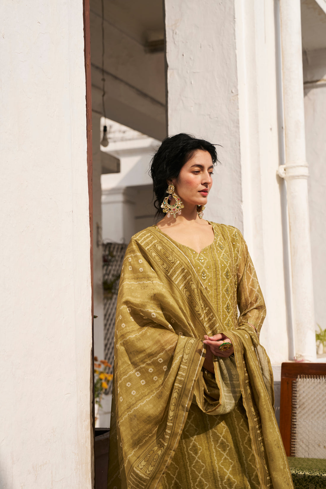 OLIVE GREEN CHANDERI KURTA SET