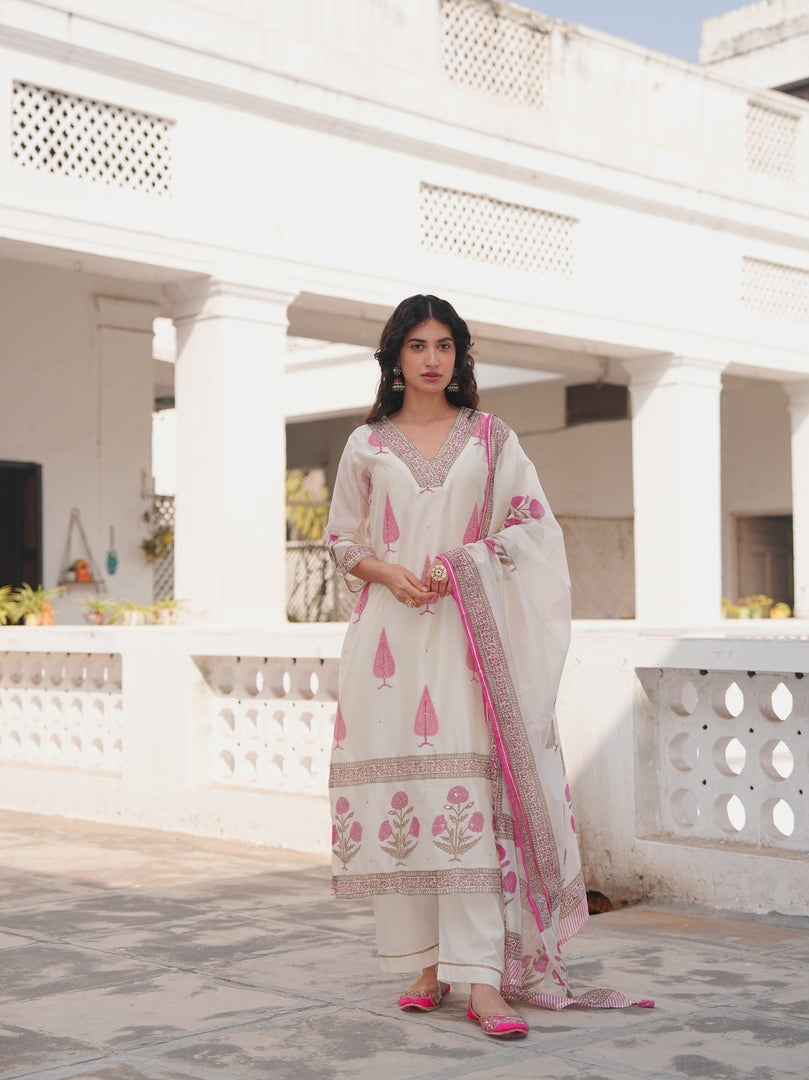 Ivory Fuchsia Printed Kurta Set