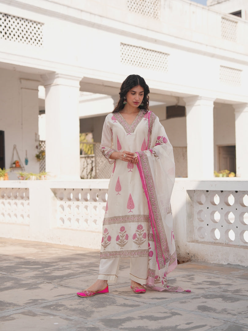 Ivory Fuchsia Printed Kurta Set