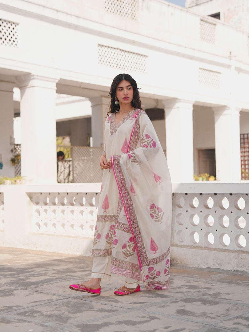 Ivory Fuchsia Printed Kurta Set