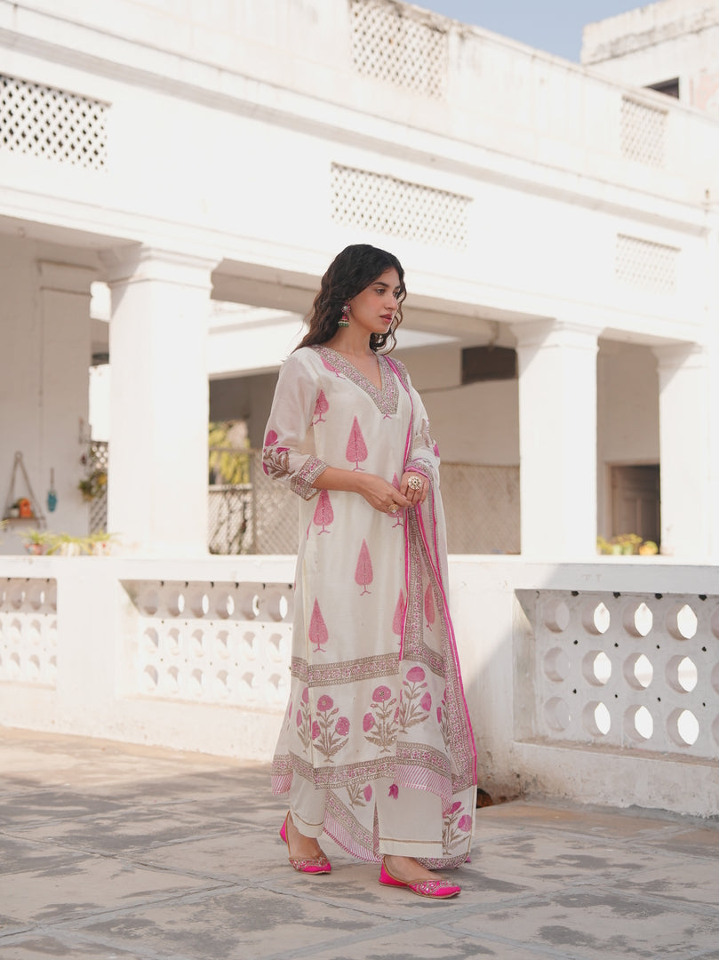 Ivory Fuchsia Printed Kurta Set