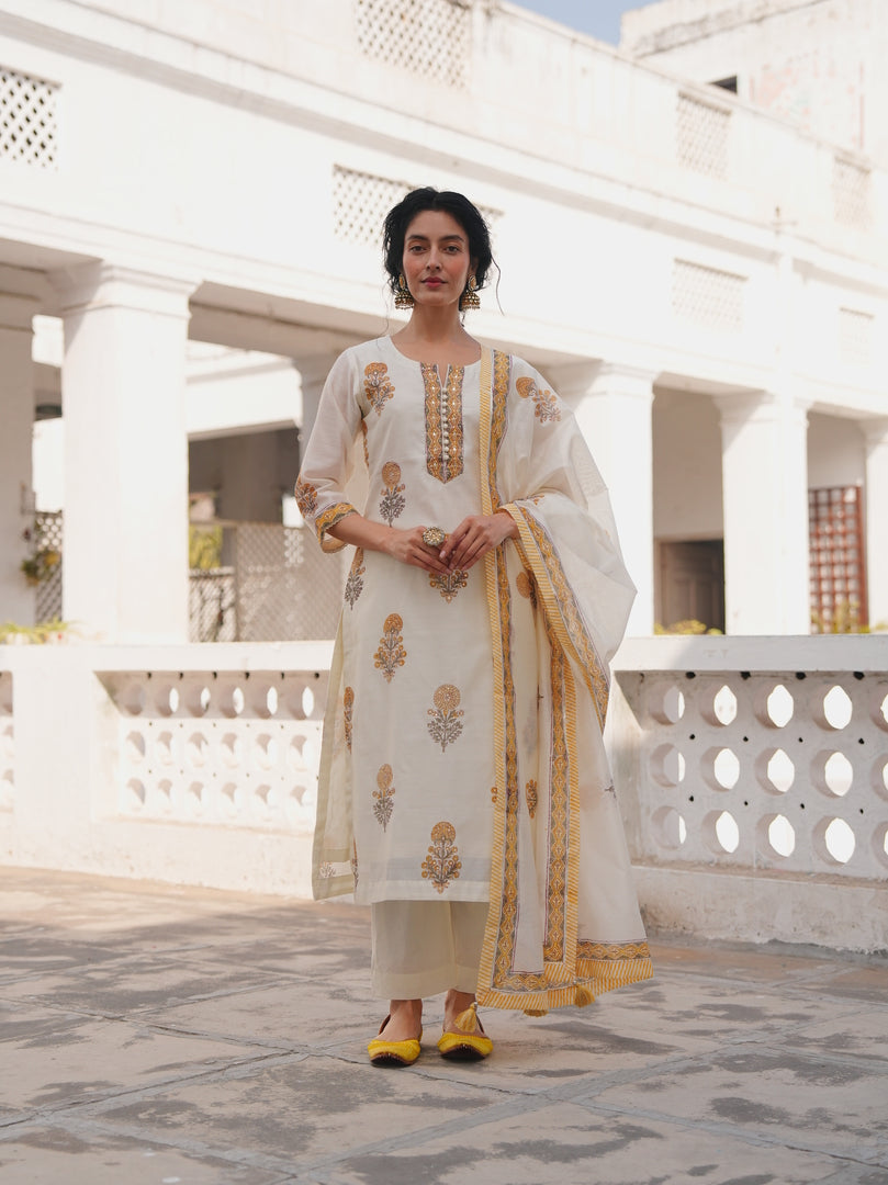 Ivory Mustard Floral Printed Kurta Set