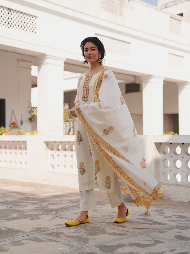 Ivory Mustard Floral Printed Kurta Set