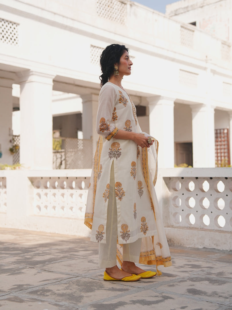 Ivory Mustard Floral Printed Kurta Set