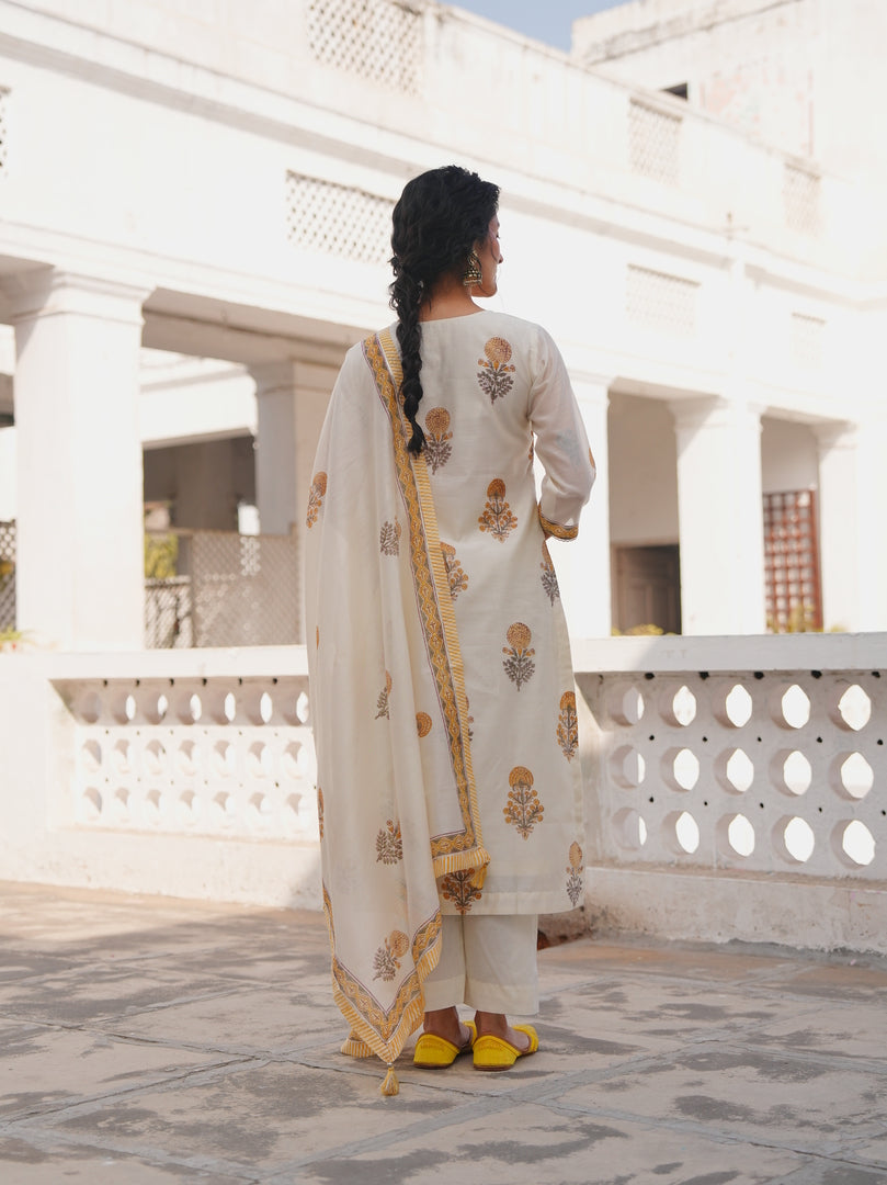 Ivory Mustard Floral Printed Kurta Set