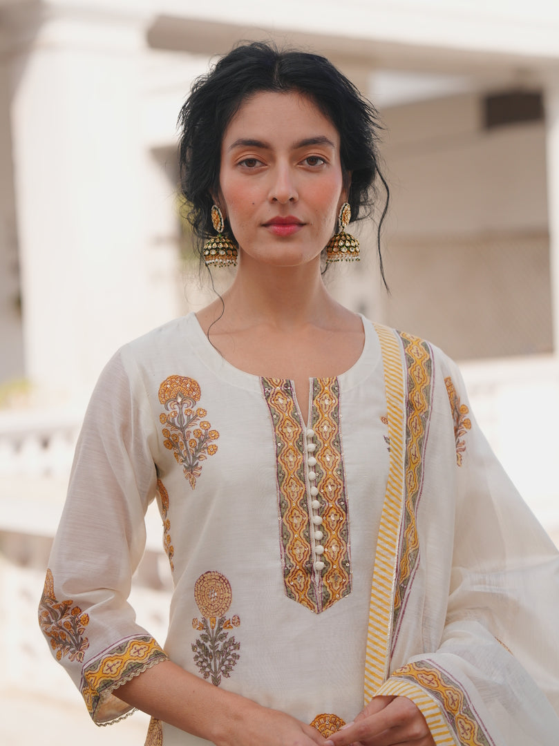 Ivory Mustard Floral Printed Kurta Set