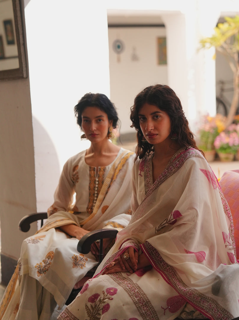 Ivory Mustard Floral Printed Kurta Set