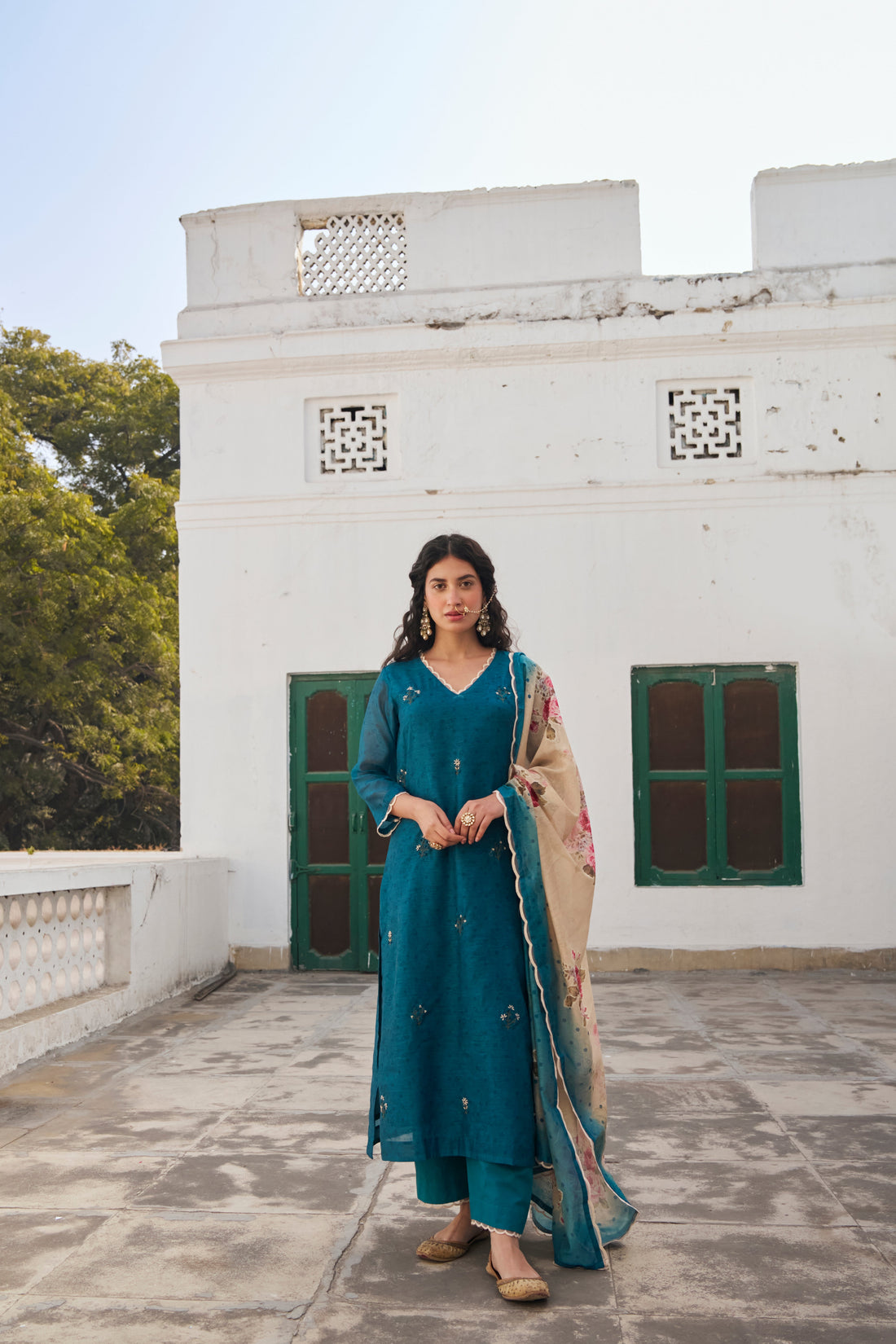 TEAL CHANDERI KURTA SET