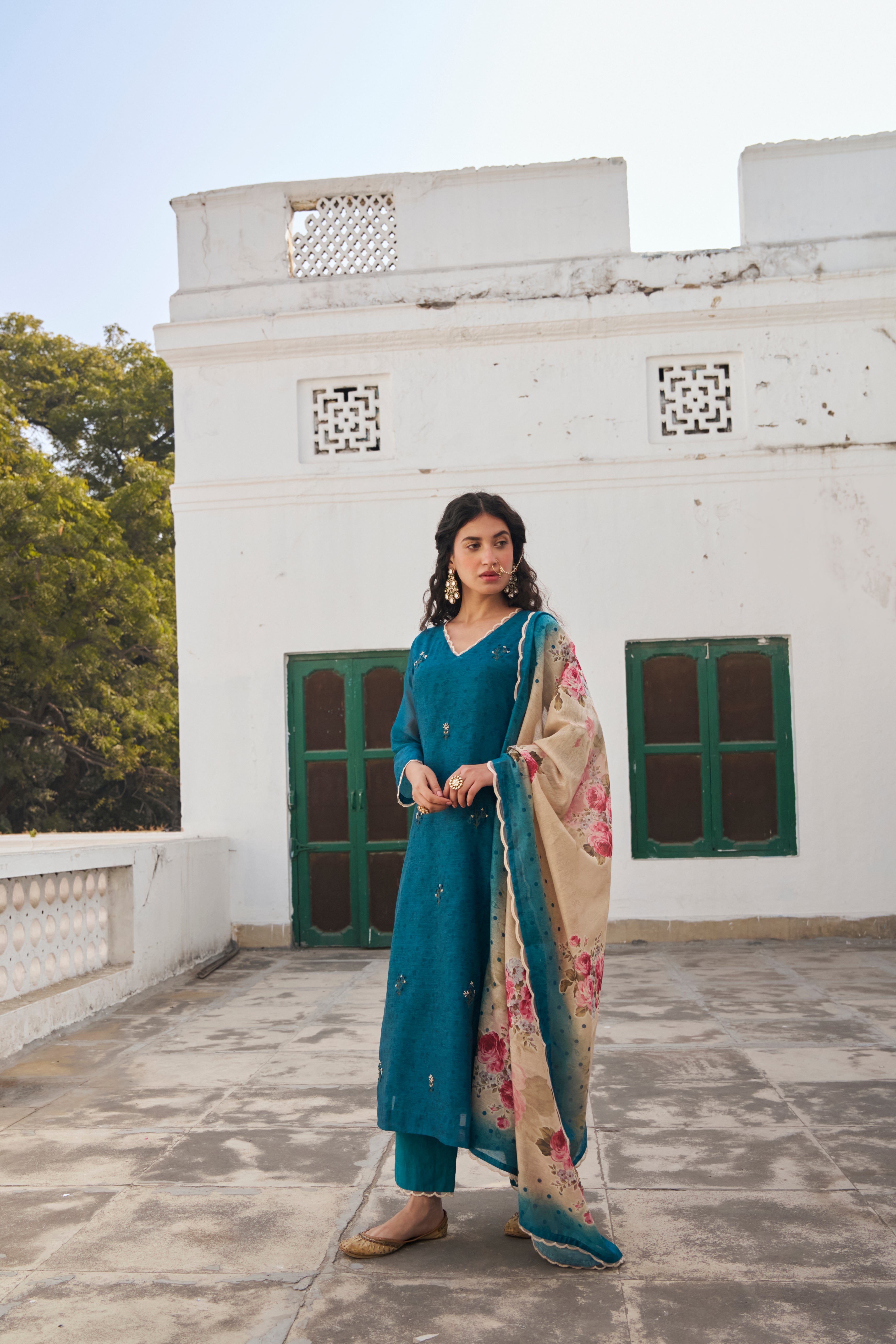 TEAL CHANDERI KURTA SET