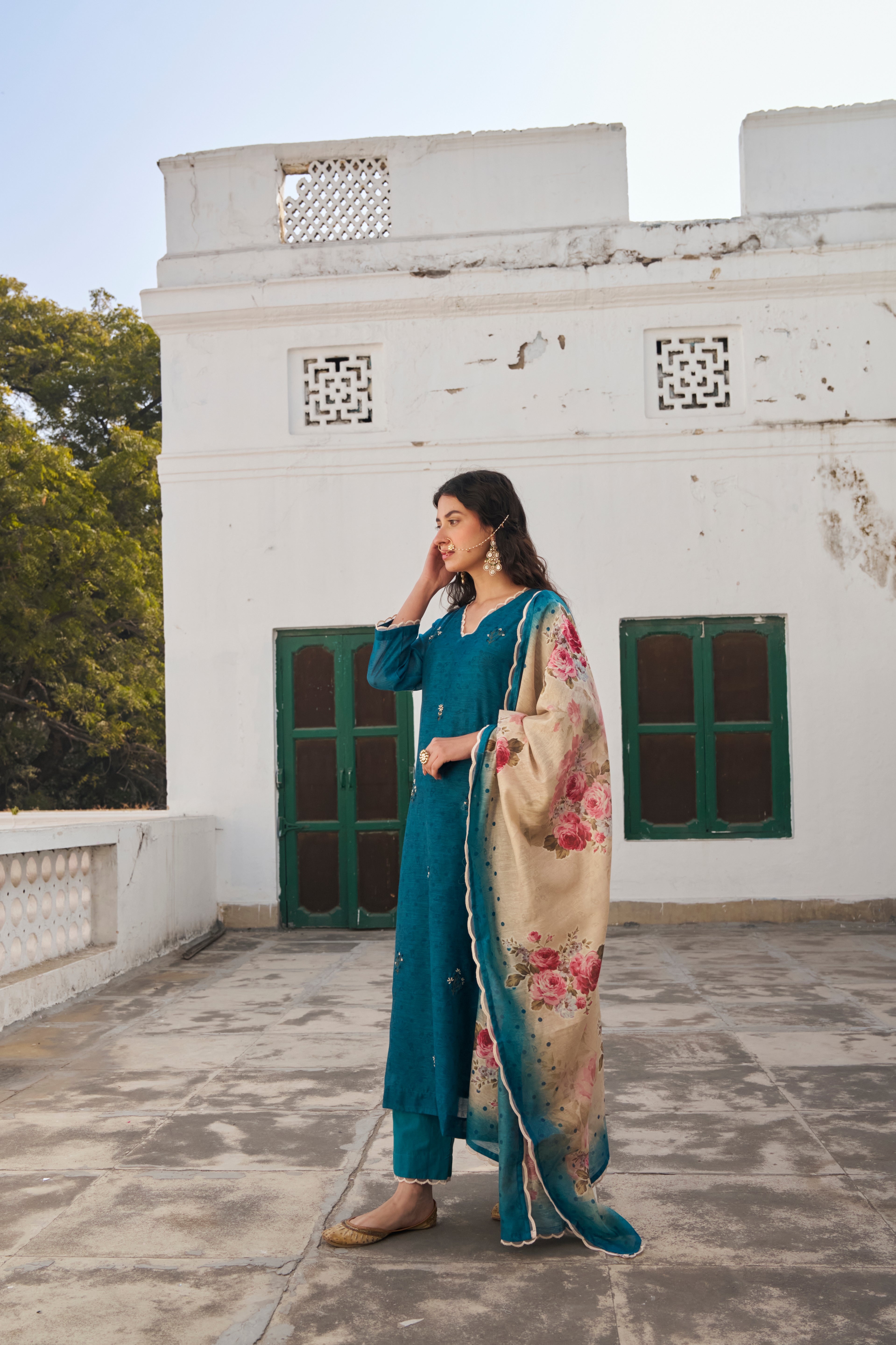 TEAL CHANDERI KURTA SET