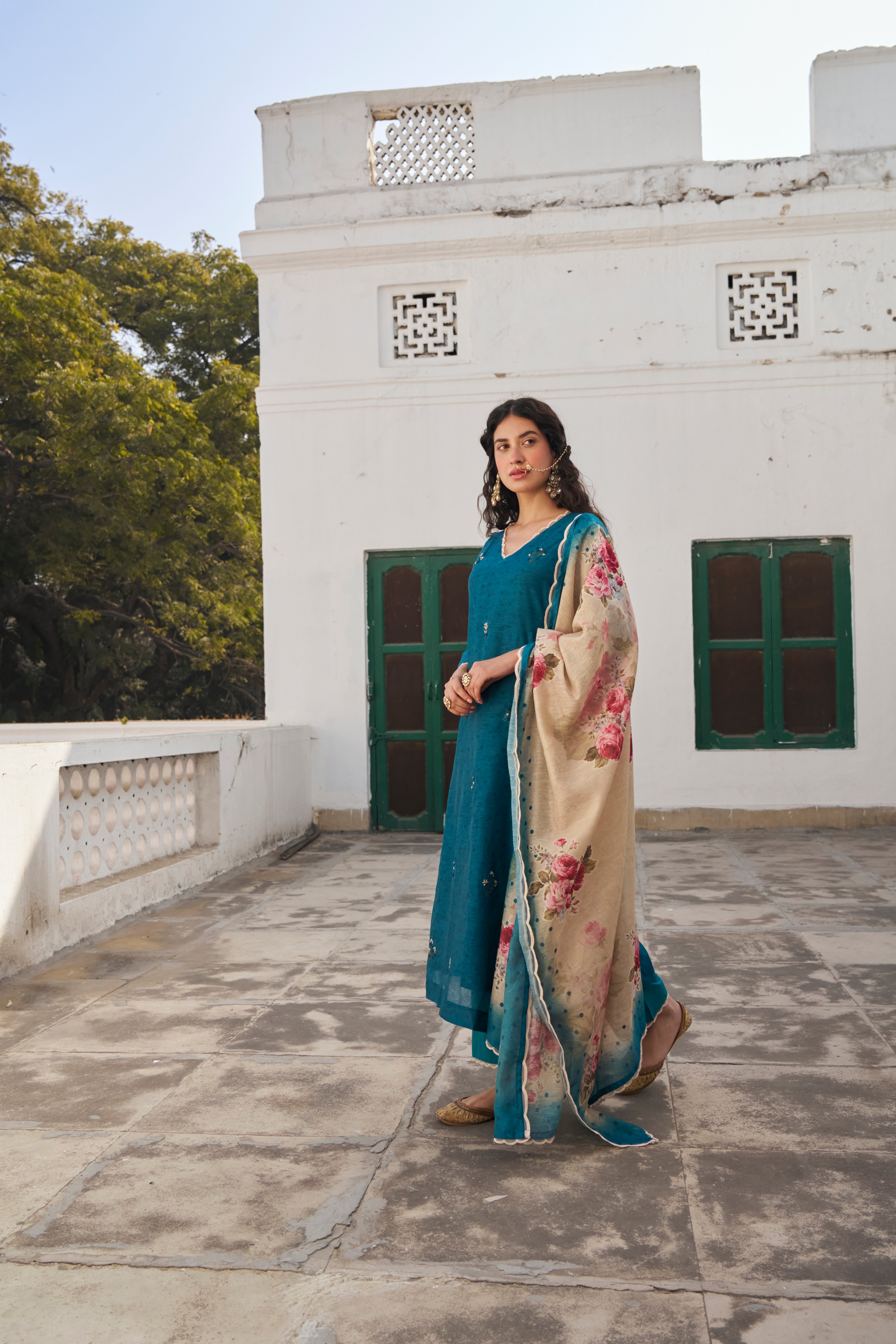 TEAL CHANDERI KURTA SET
