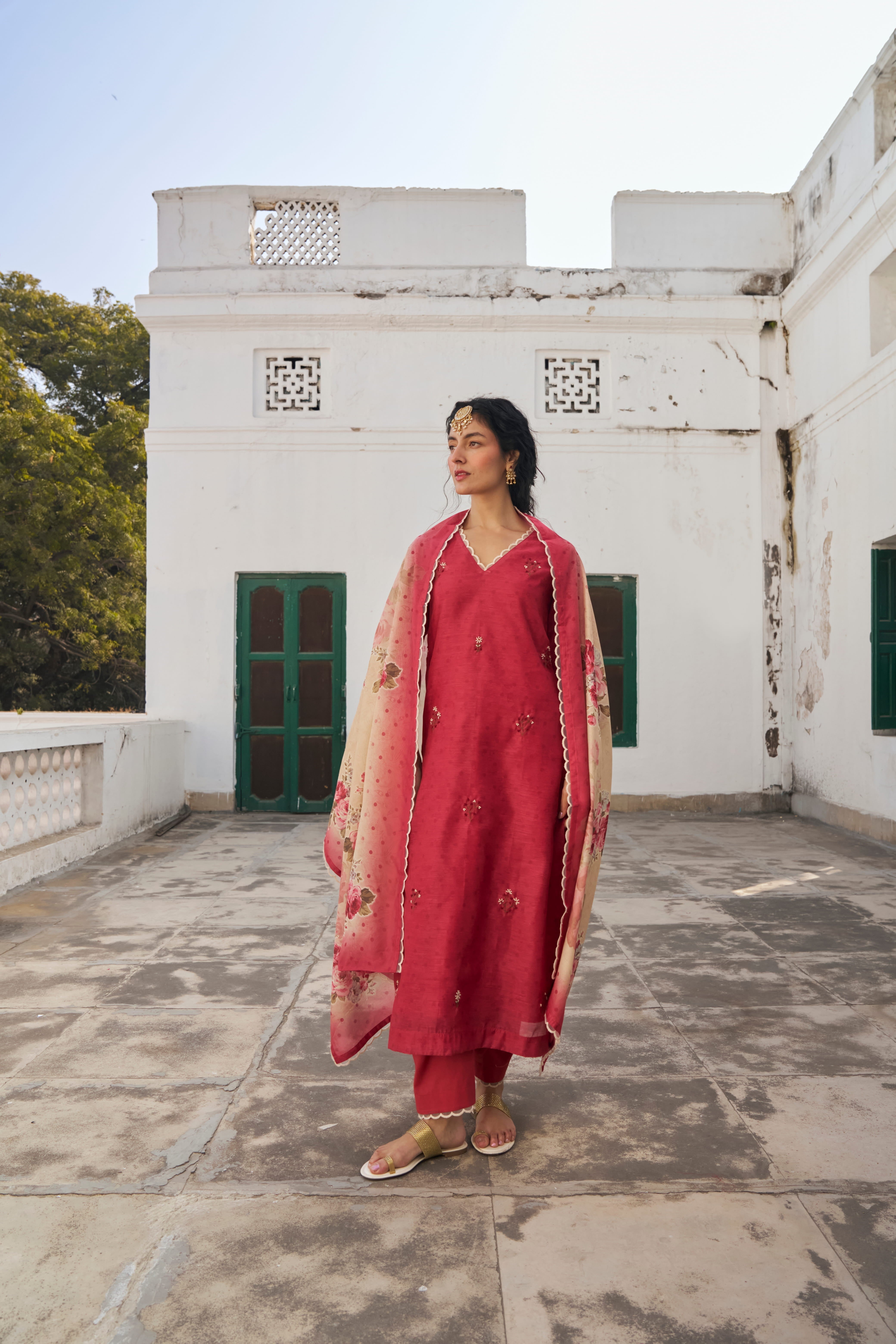 CRIMSON RED  CHANDERI KURTA SET