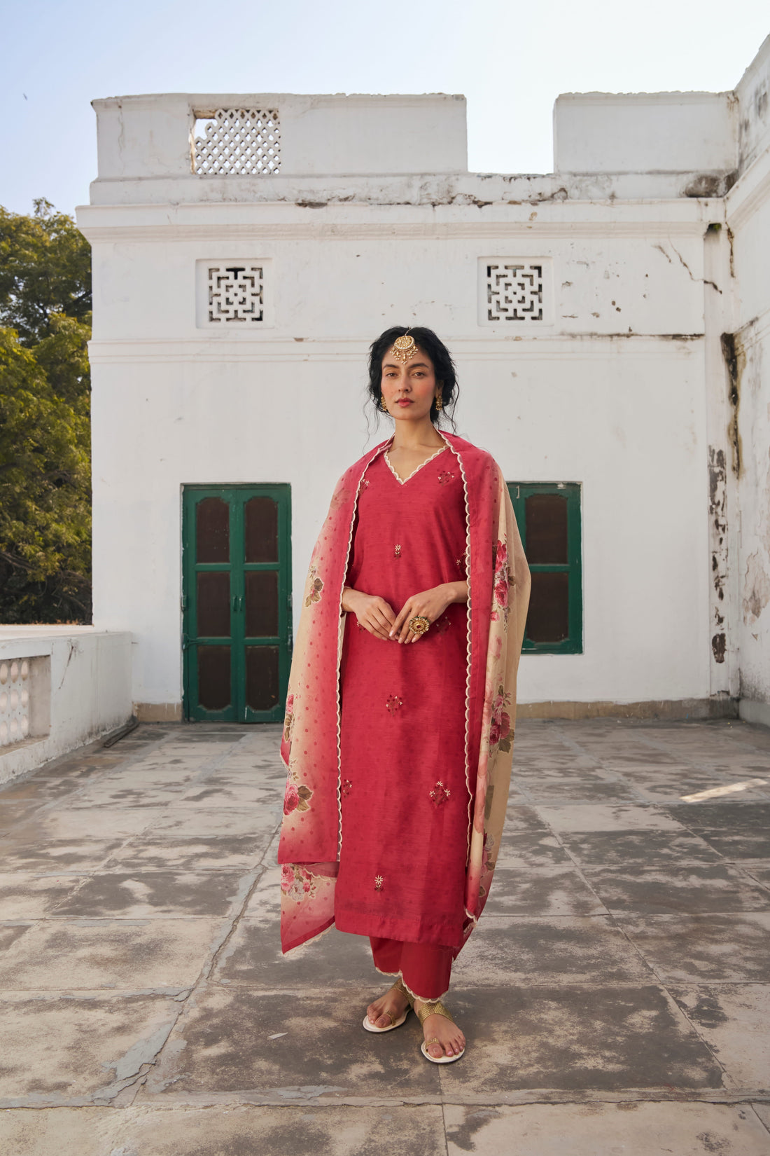 CRIMSON RED  CHANDERI KURTA SET