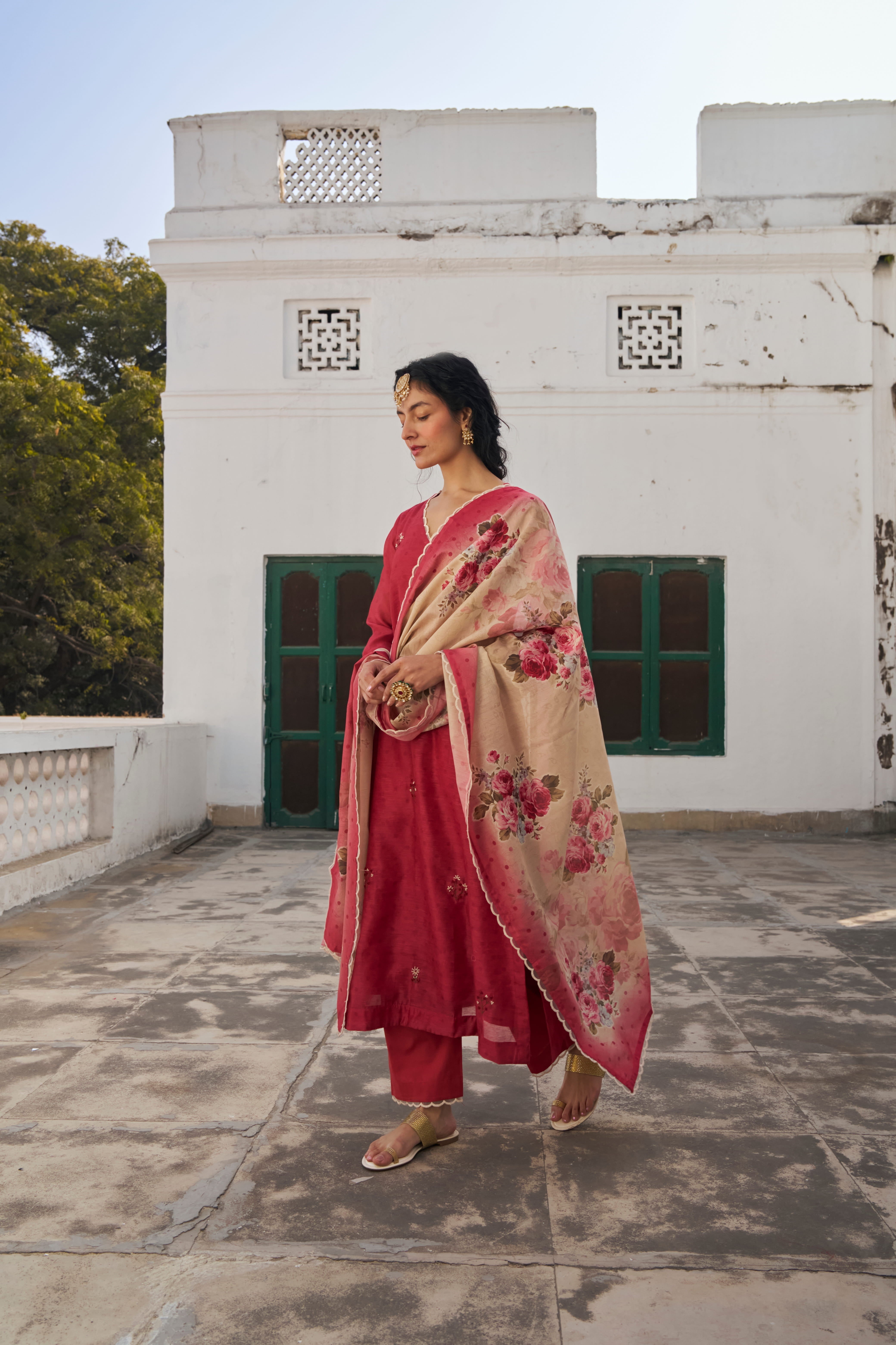CRIMSON RED  CHANDERI KURTA SET
