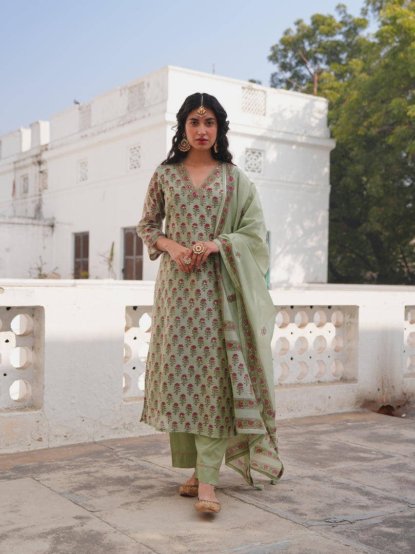 Sage Green Floral Printed Kurta Set