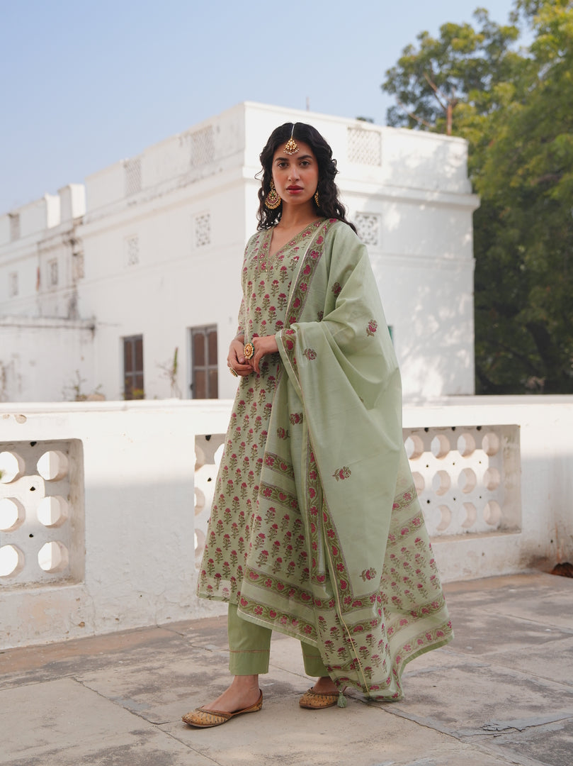 Sage Green Floral Printed Kurta Set